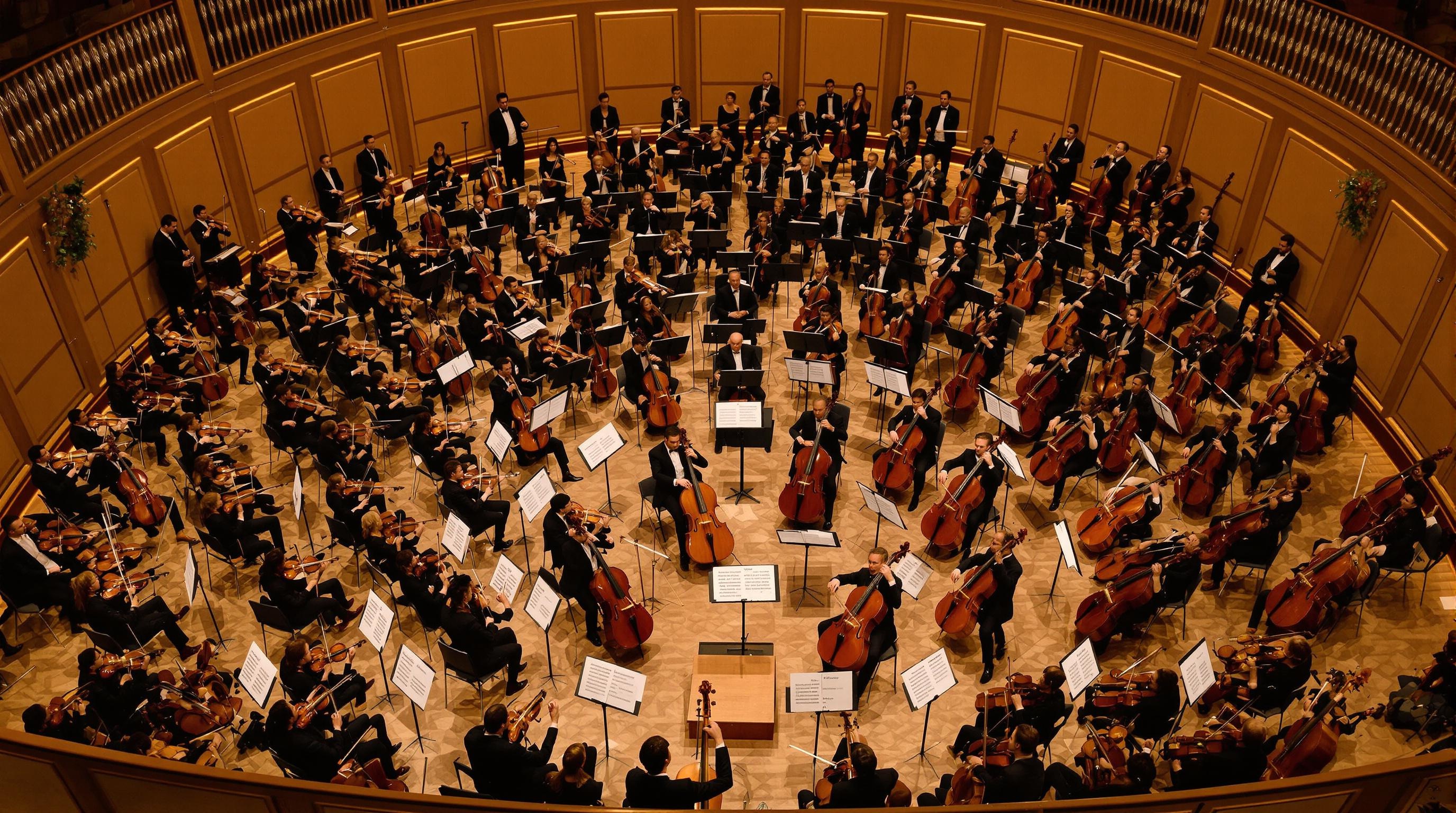 Orchestre symphonique vu du dessus, cordes frottées en éventail (violons I, II, altos, violoncelles, contrebasses)