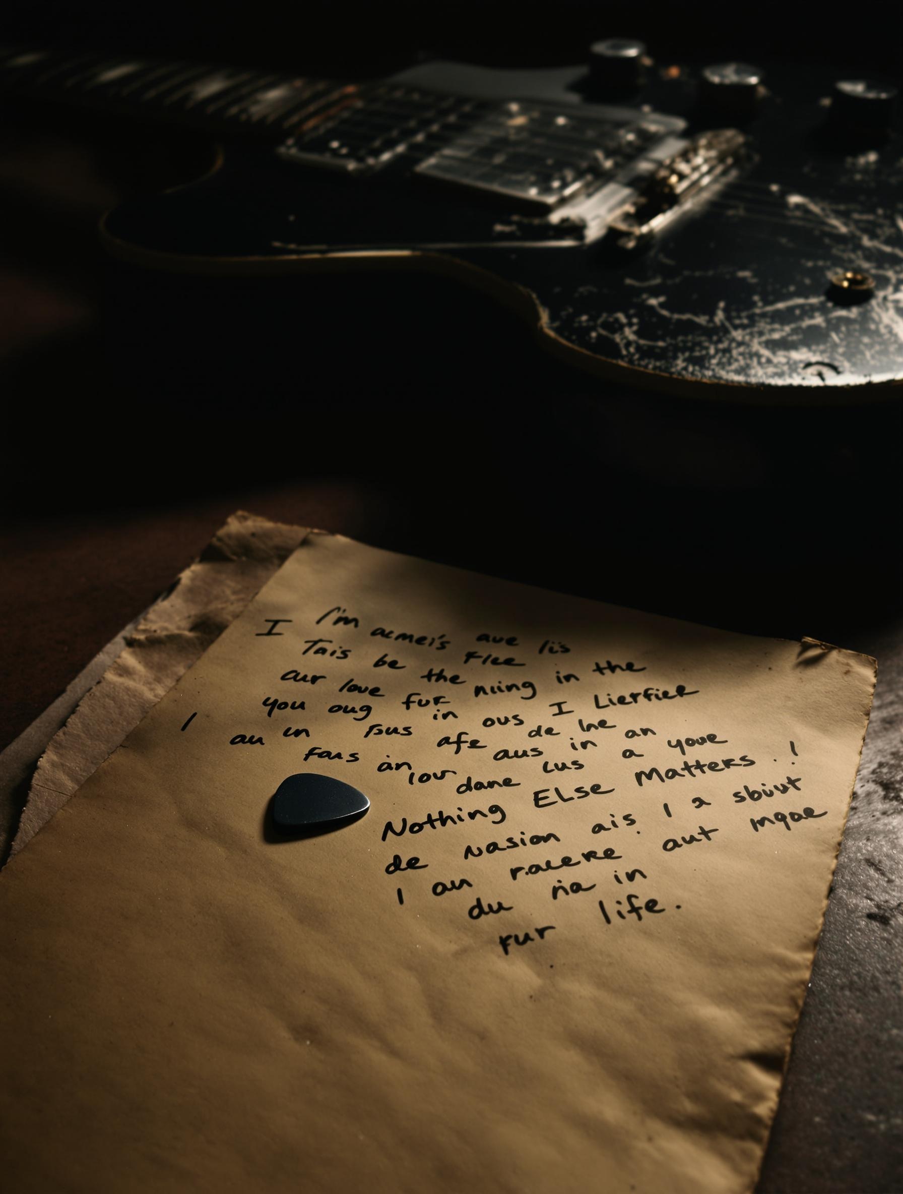 Page manuscrite des paroles de Nothing Else Matters sur une Gibson