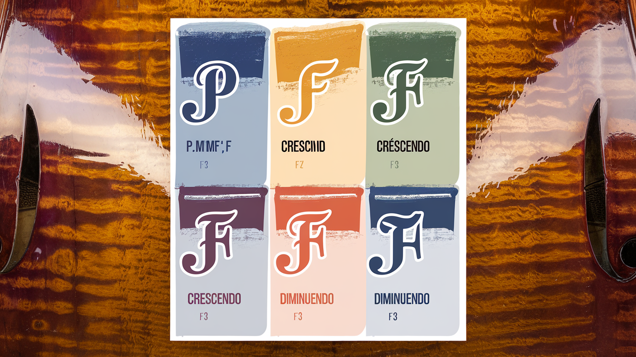 Palette nuancée des indications p, mf, f, crescendo sur fond évoquant un violon Yamaha PSR F51.