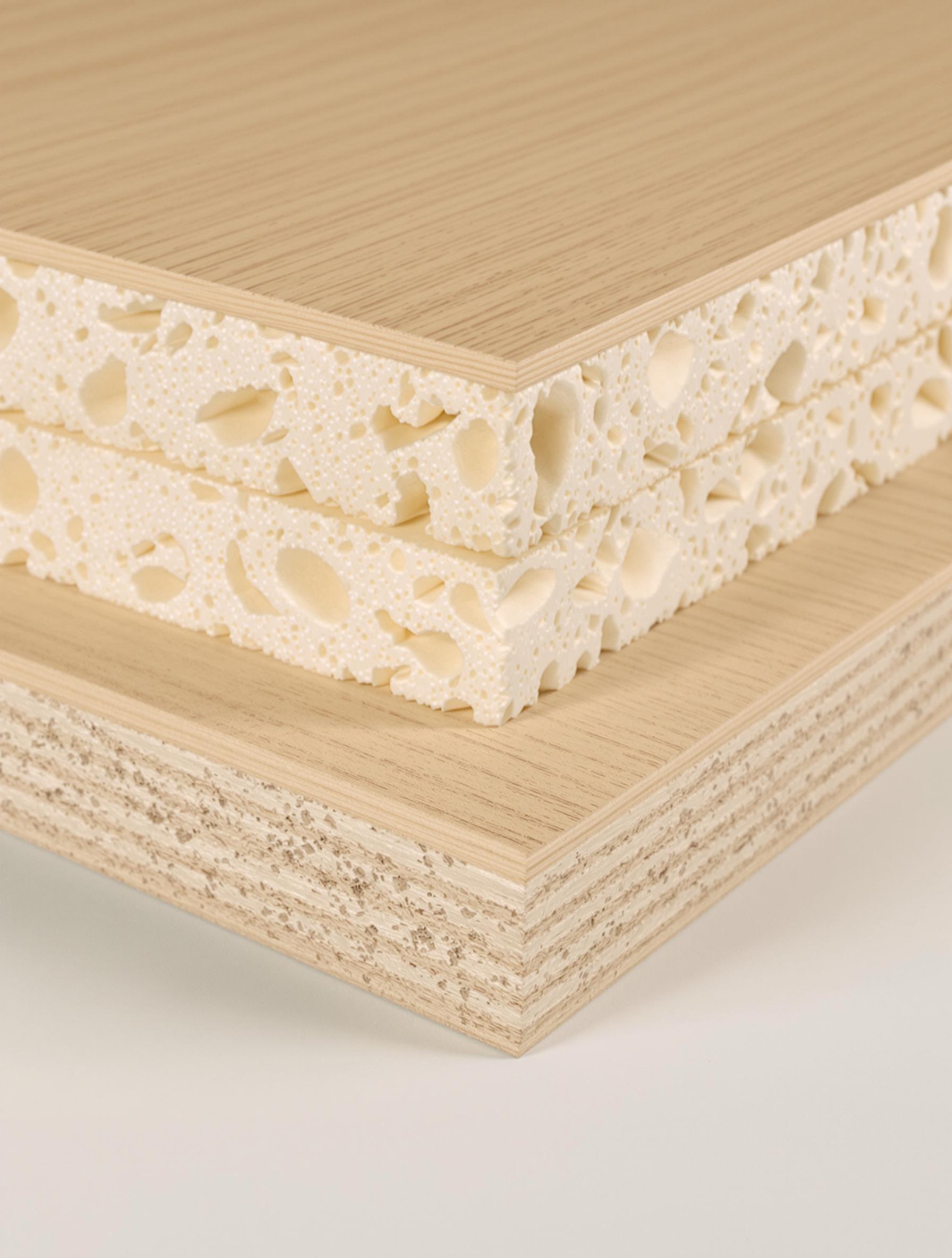 Détail d'un panneau sandwich bois-mousse montrant la stratification et la texture.