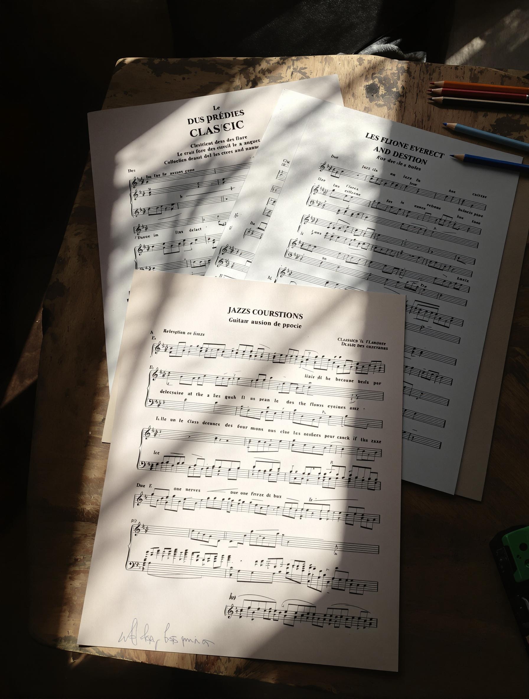 Partitions classiques, jazz et tablature côté à côte