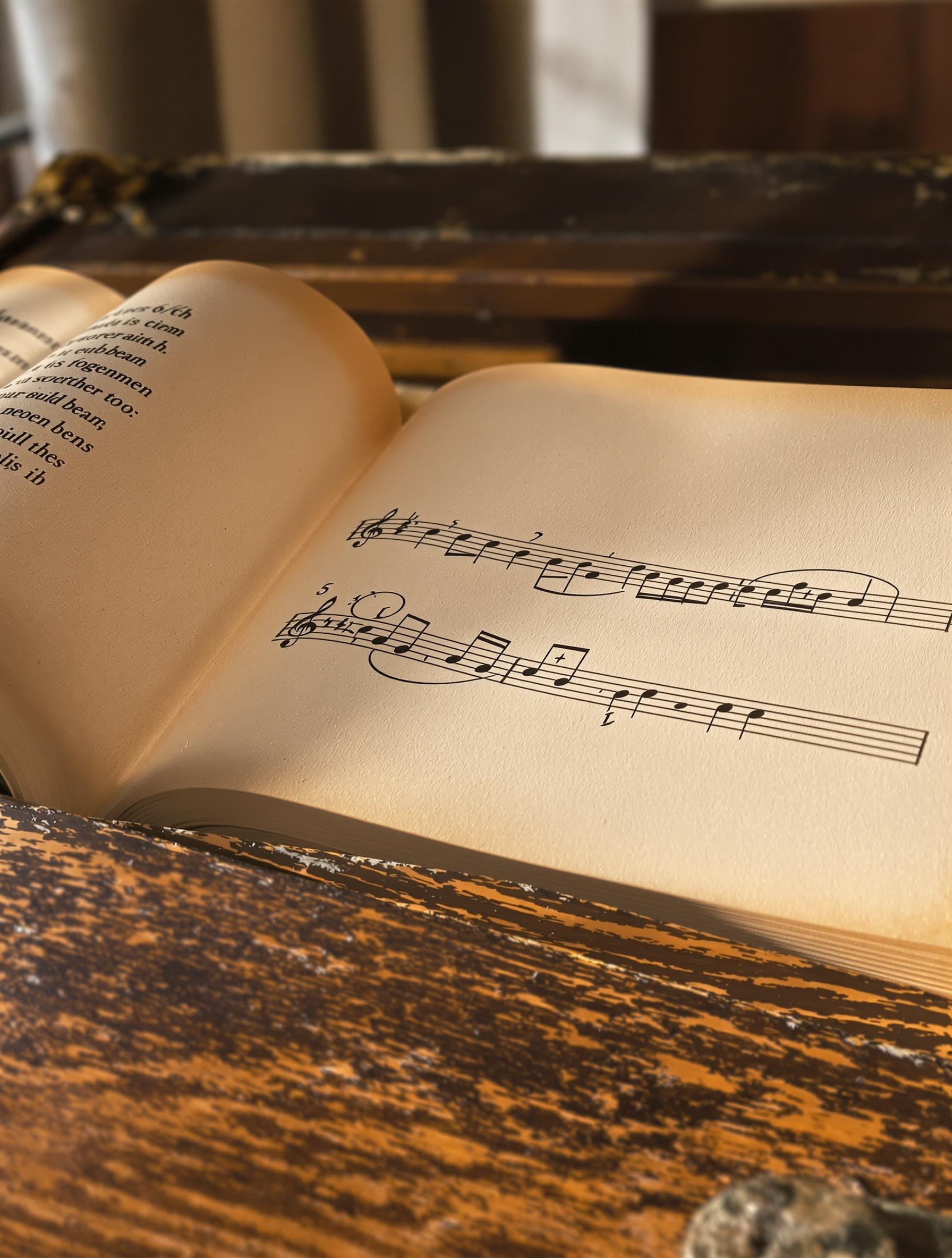 partition manuscrite mesurée 6/8 avec regroupements de trois croches par ligature sur un pupitre taché de résine