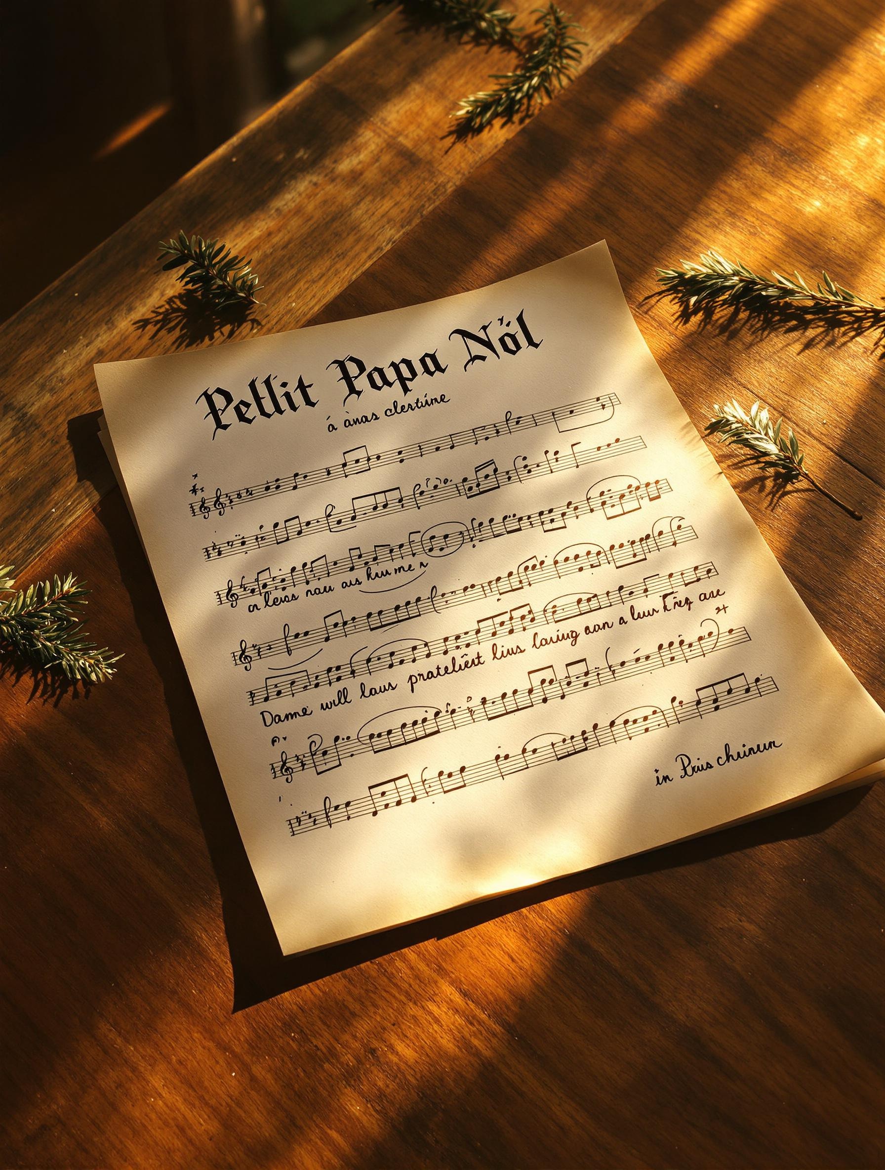 Partition Petit Papa Noël manuscrit bois lumière dorée