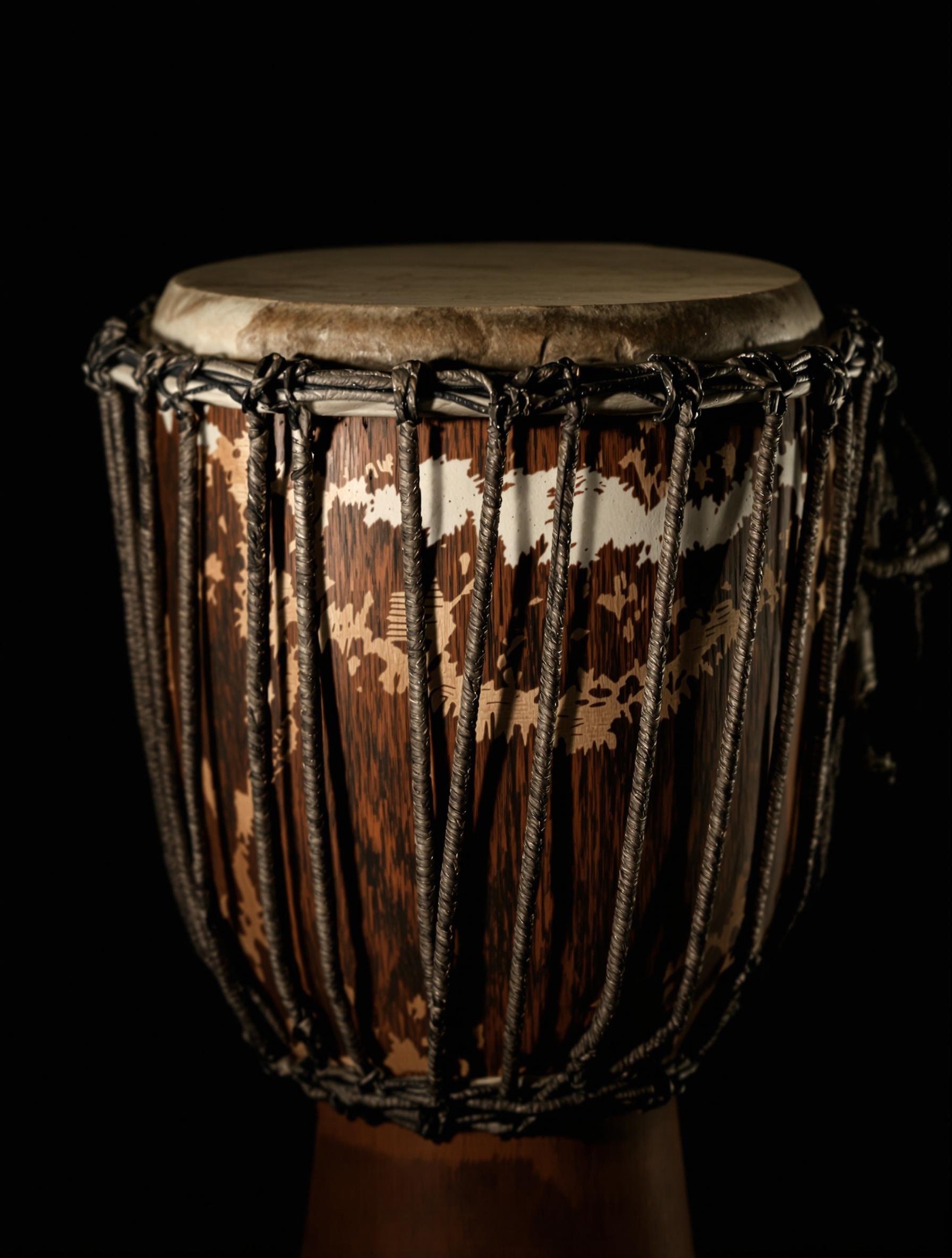 Photo d’un djembé traditionnel en bois et peau tendue sur fond sombre.