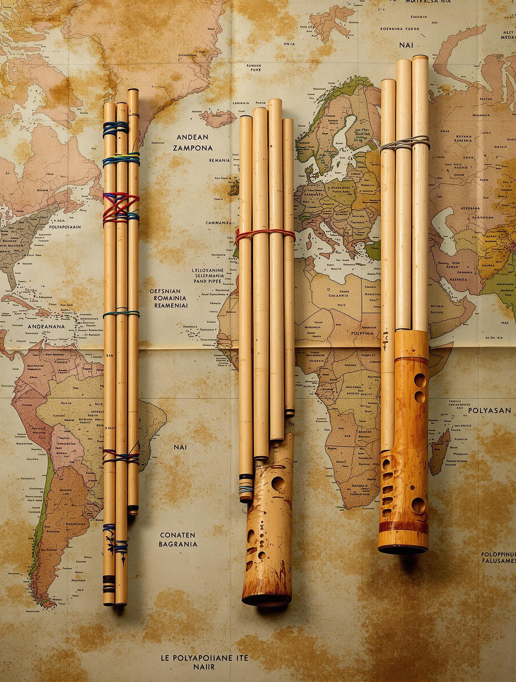 Photographie de zampona, naï roumain et panpipe polynésien sur une carte du monde