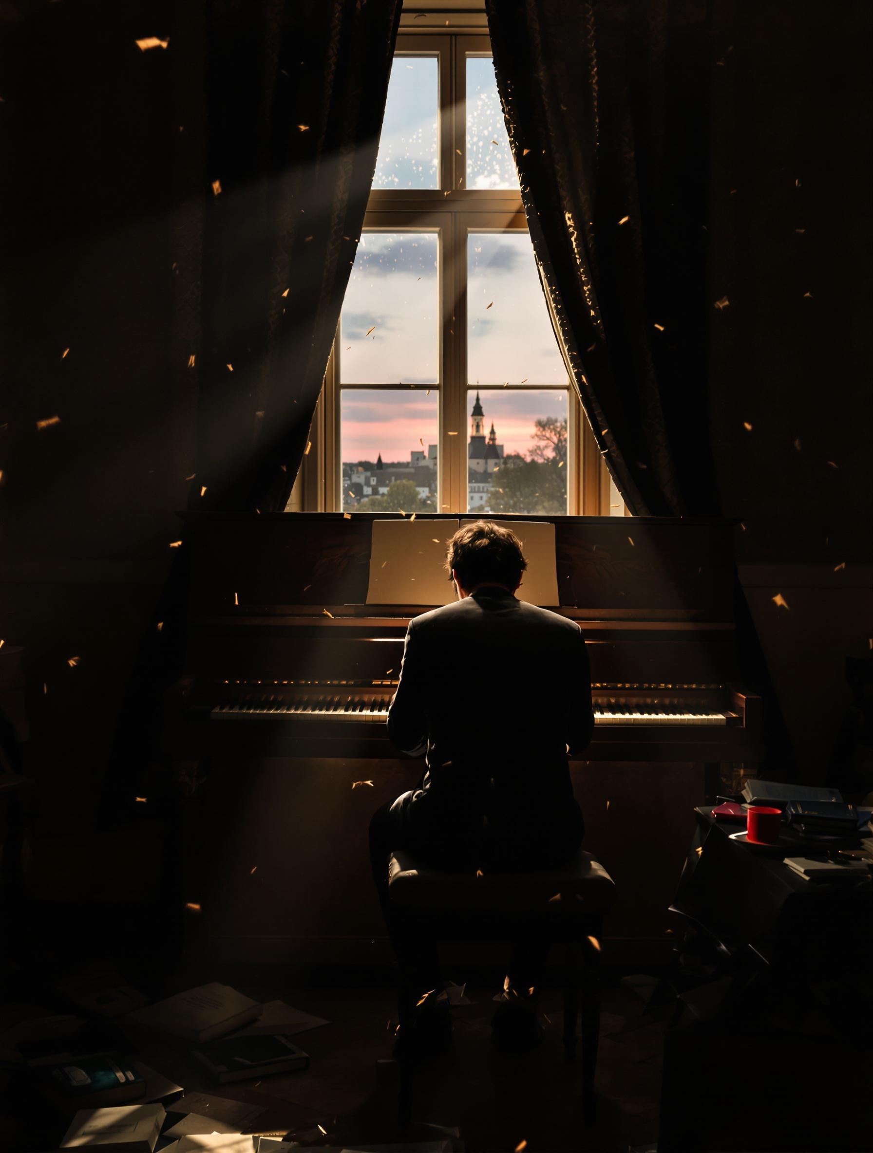 Un pianiste jouant Für Elise dans une ambiance crépusculaire, entouré de silence et de poussière.