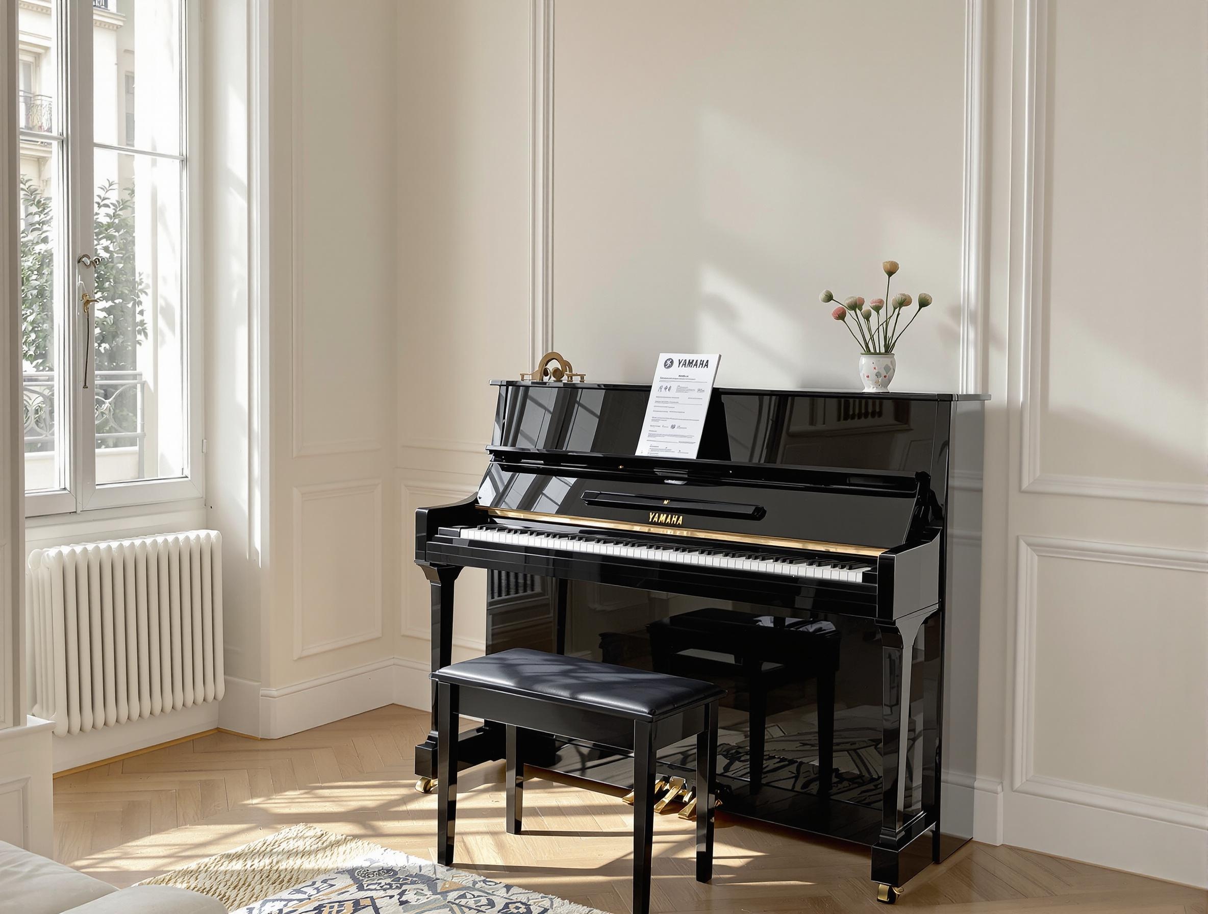 Piano droit Yamaha B1 en location dans un appartement parisien lumineux