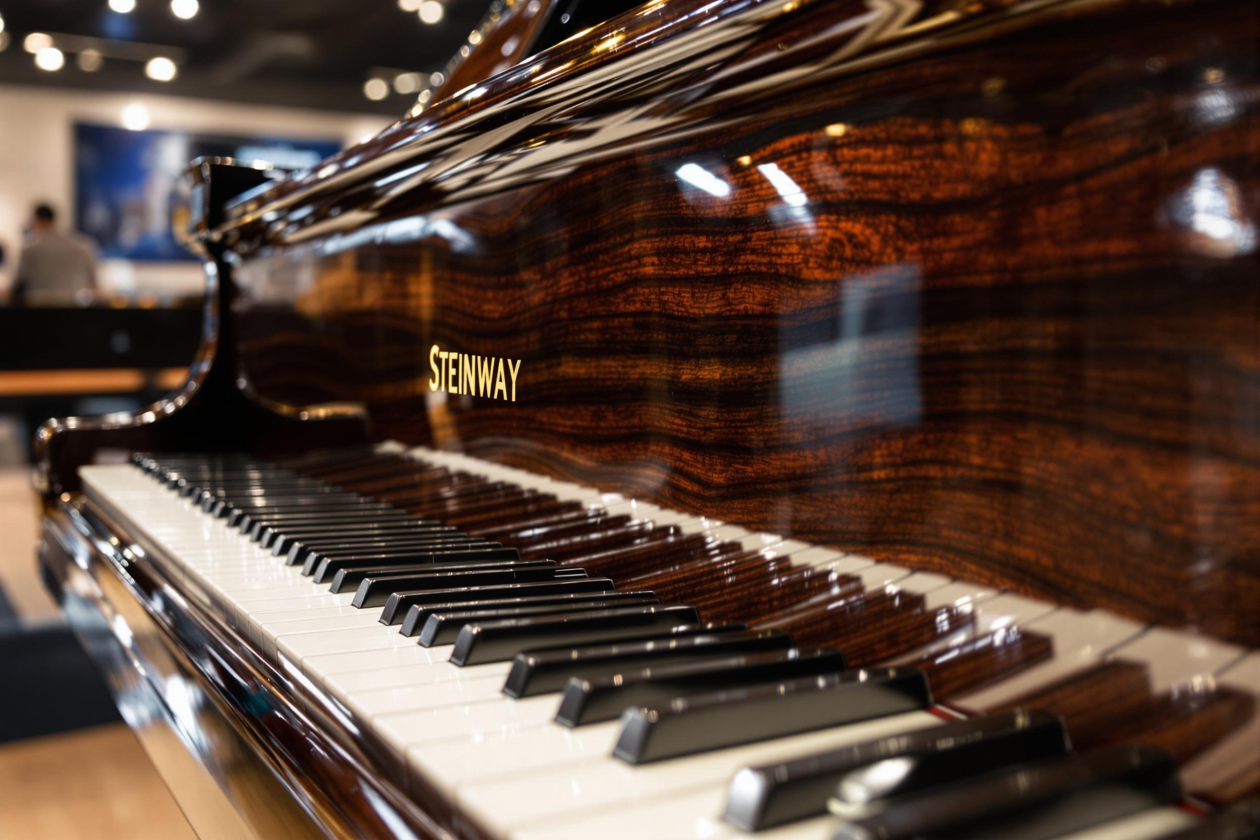Piano à queue Steinway D-274 flambant neuf exposé dans un showroom, vernis miroitant et grain du bois mis en valeur.