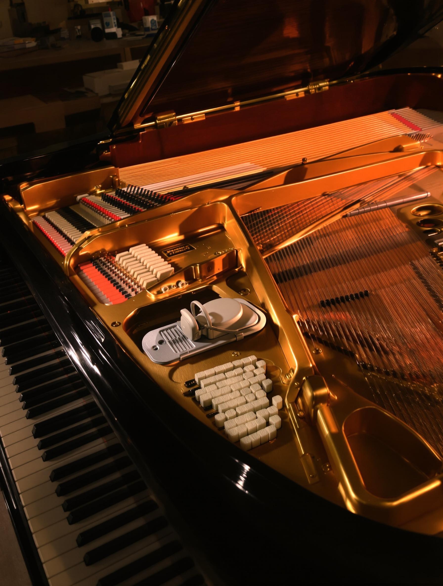 Piano Steinway D-274 ouvert avec humidificateur ; détails sur cordes et feutres.