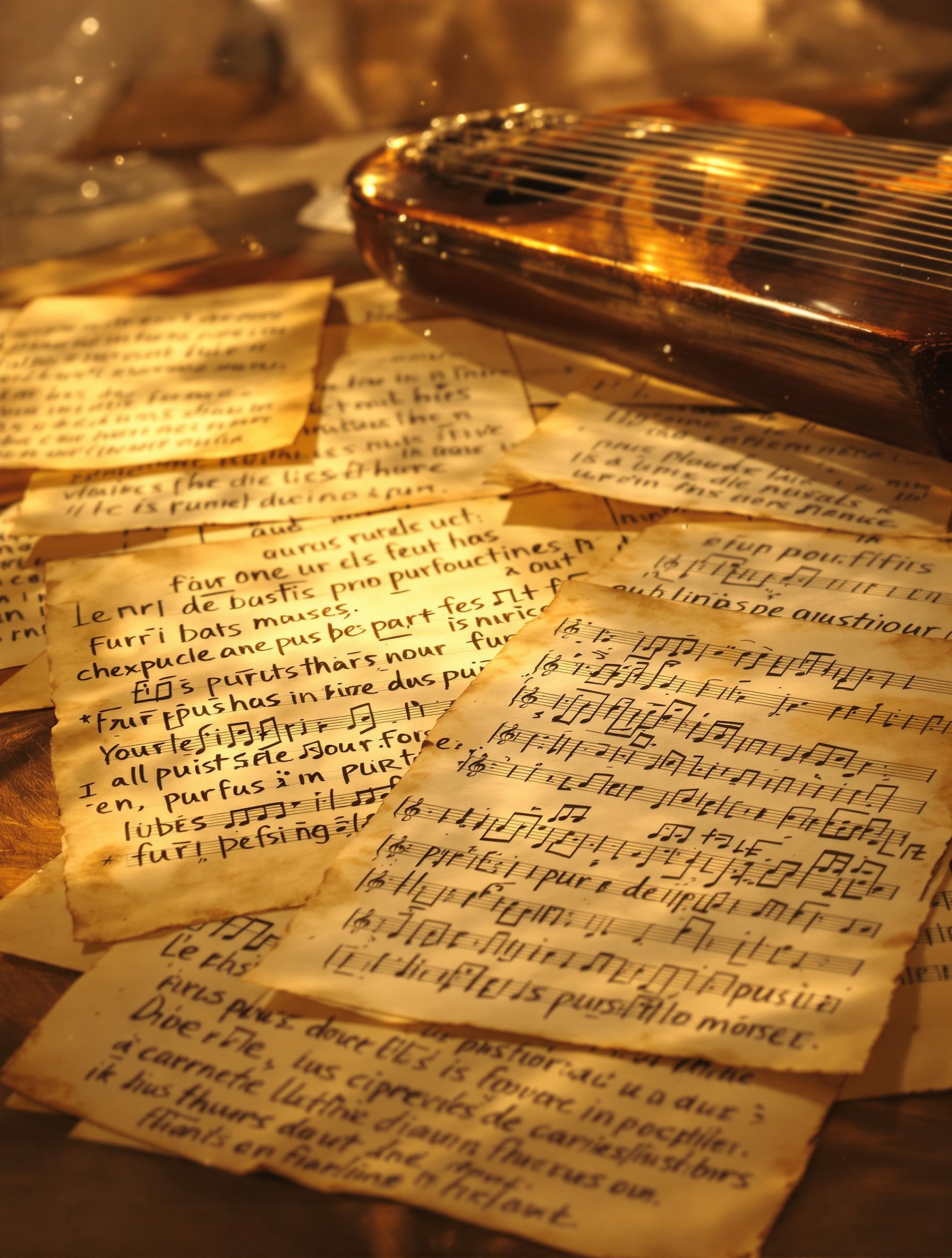 Partition manuscrite ancienne et kora sur fond d'exploration sonore