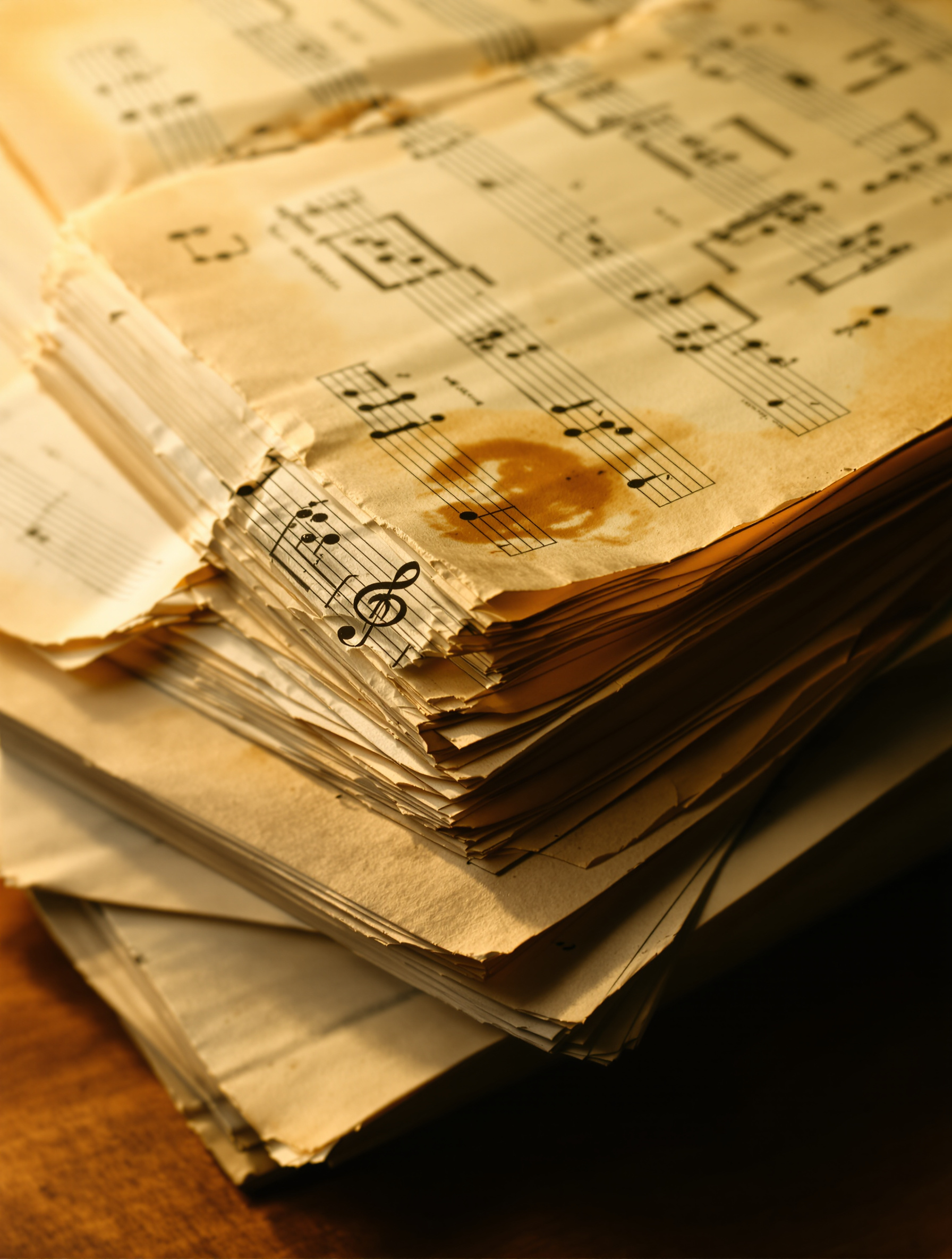 Pile artistique de vieilles partitions de piano marquées par le temps et le café