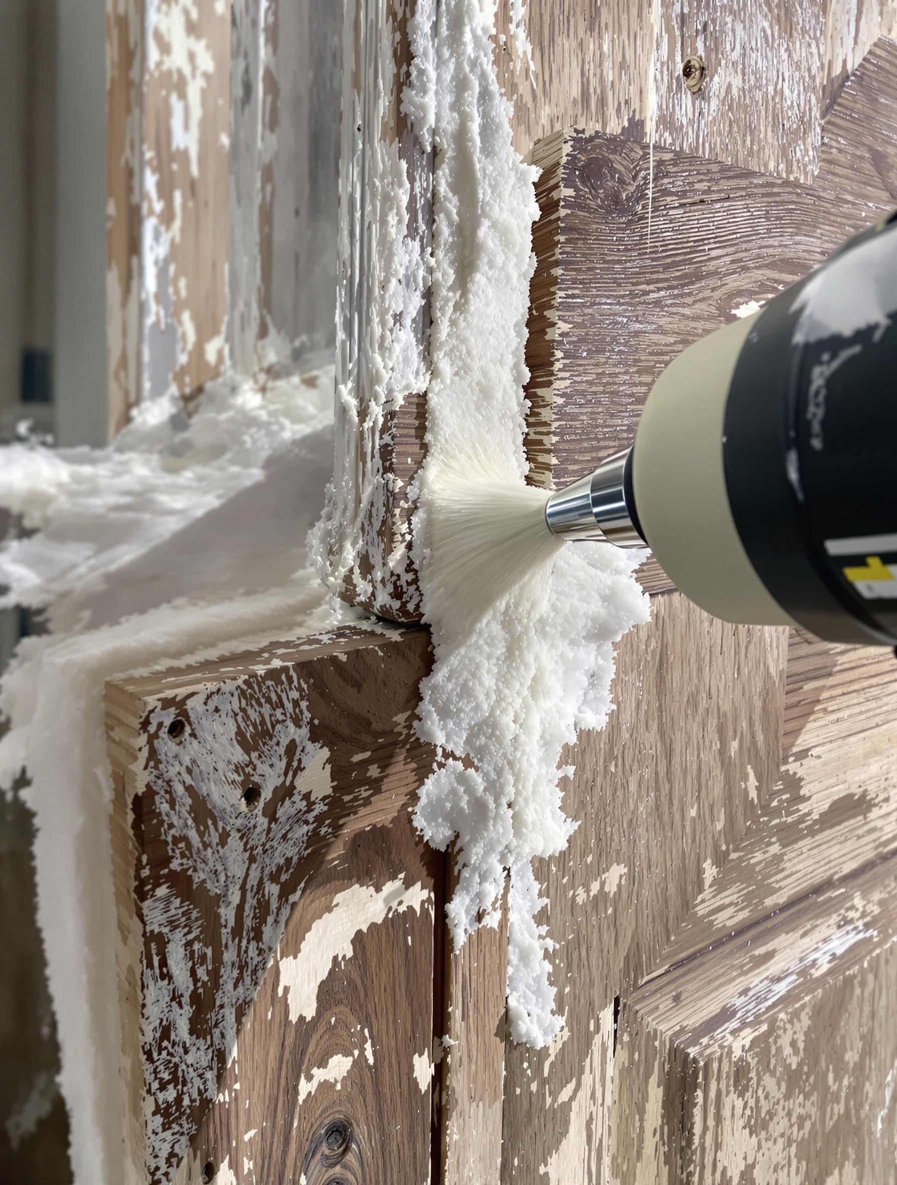 Application précise de mousse polyuréthane au pistolet sur un dormant en bois ancien