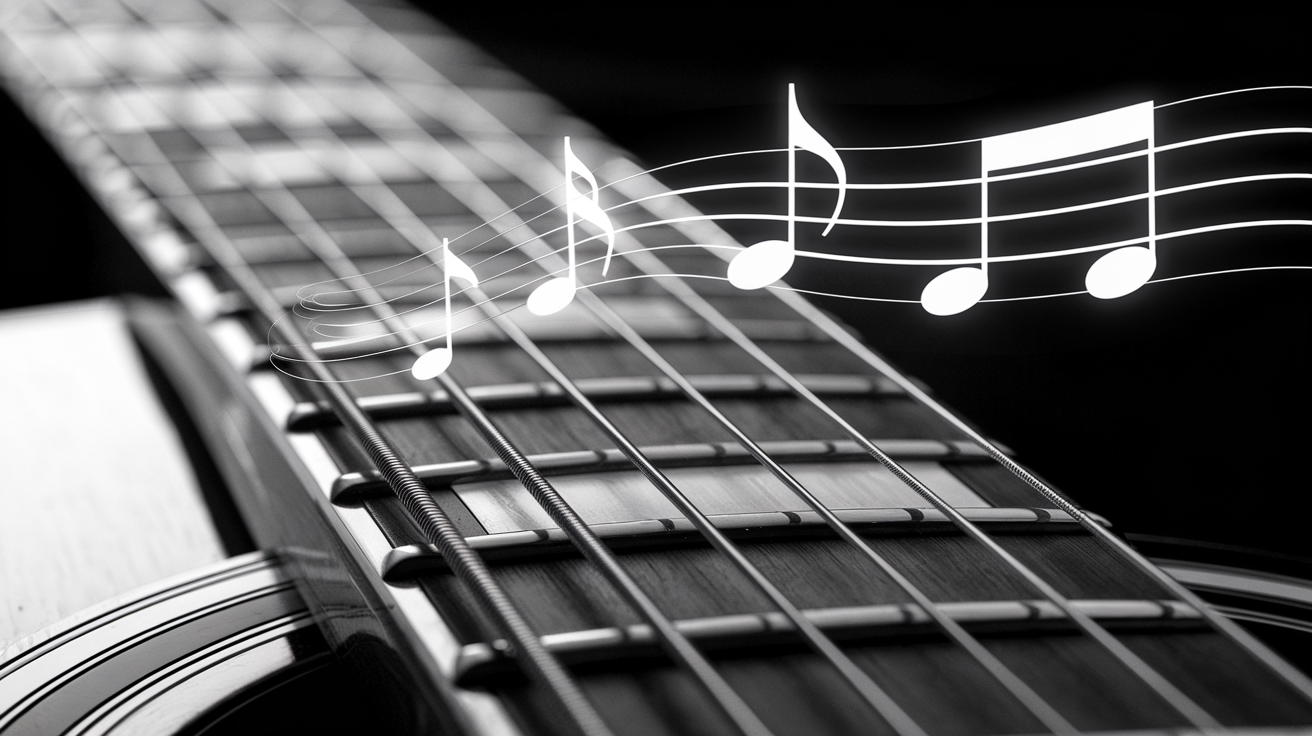 Guitare en gros plan avec superpositions de hampes et interlignes façon tablature.