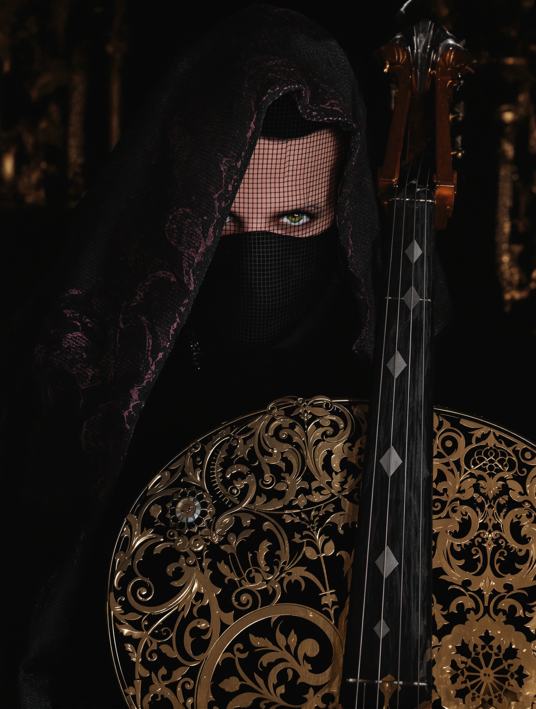 Portrait artistique ténébreux de Tobias Forge, détails gothiques et instruments anciens