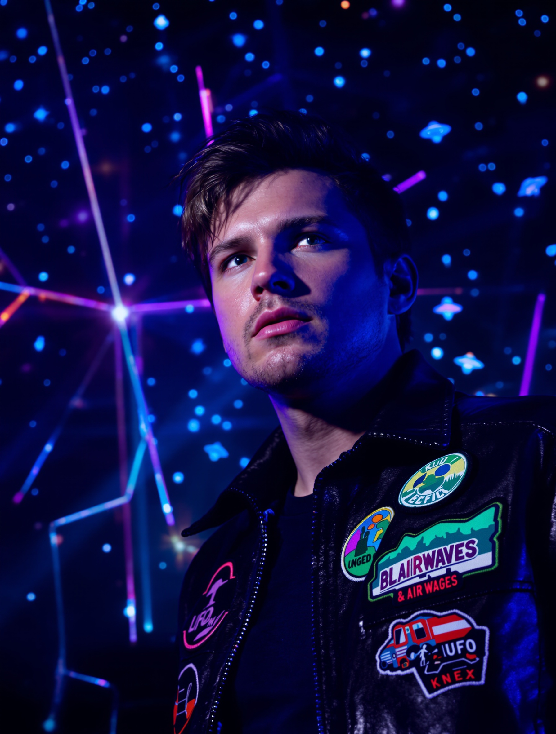 Portrait artistique nocturne de Tom DeLonge, pop-punk, OVNIs et Angels & Airwaves.