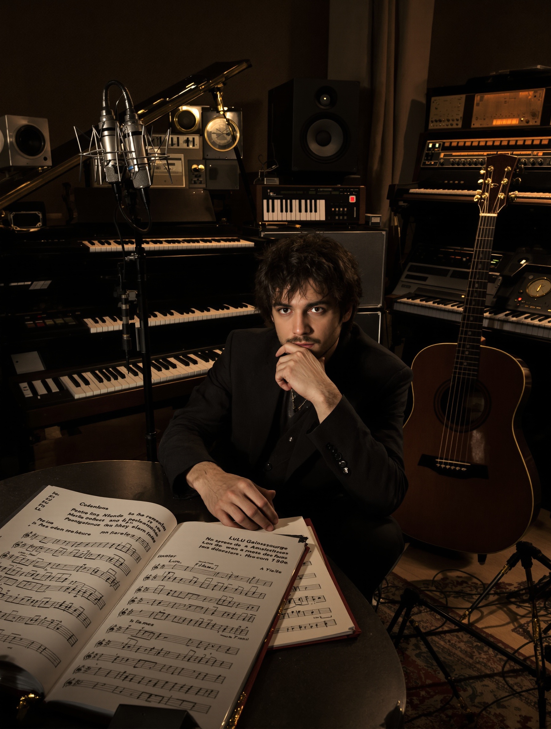 Lulu Gainsbourg en studio, entouré d'instruments traditionnels et contemporains.