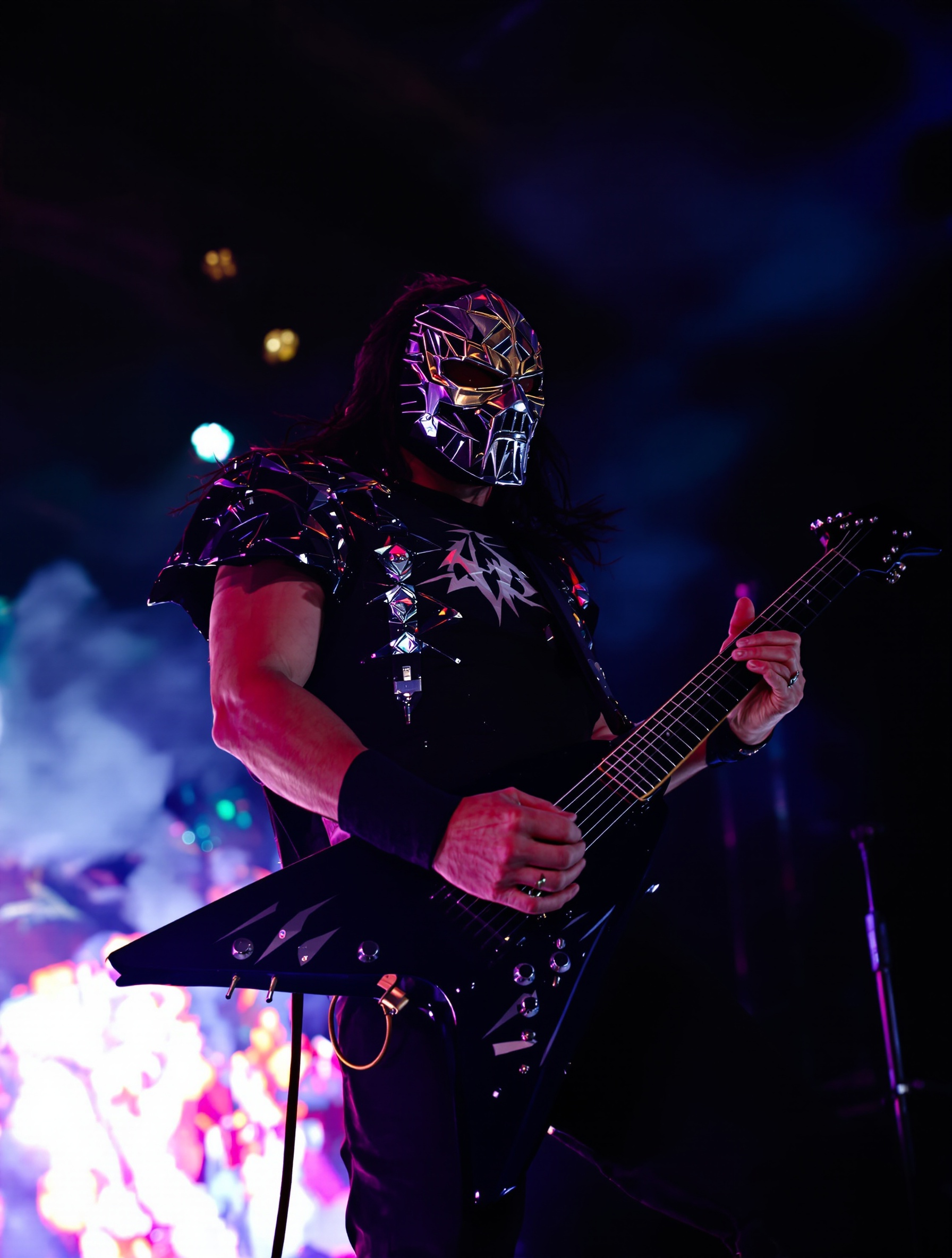 Portrait vibrant de Mick Thomson sur scène, guitare signature en main, ambiance sombre et lumineuse à la fois, mise en valeur de son masque iconique et d’une posture déterminée, style métal contemporain.