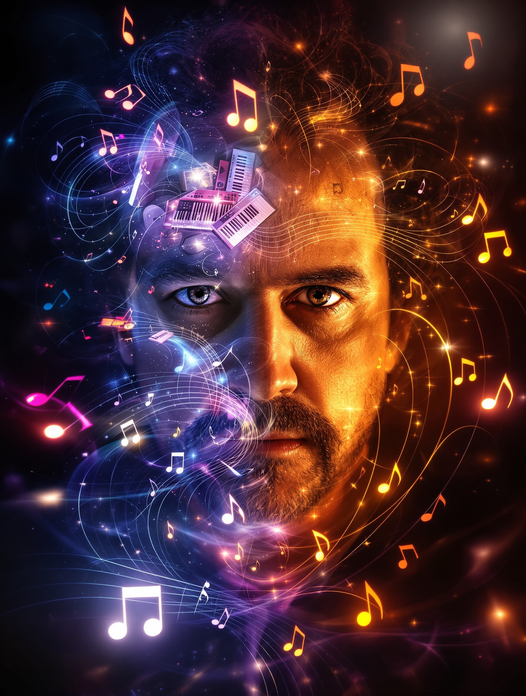 Portrait poétique de Steve Lukather, demi-éclairé par des projecteurs, entouré de notes musicales éthériques et d'icônes d'instruments mythiques.