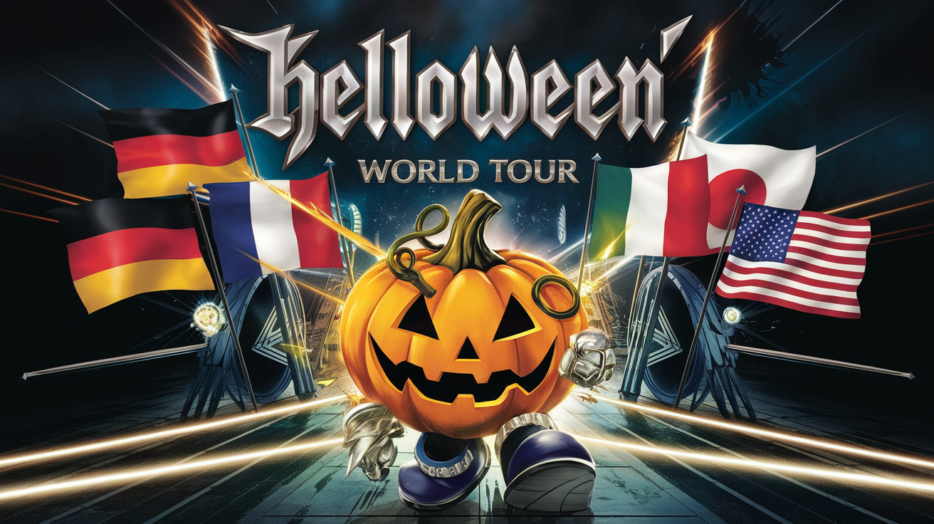 Affiche power metal Helloween tournée mondiale avec drapeaux