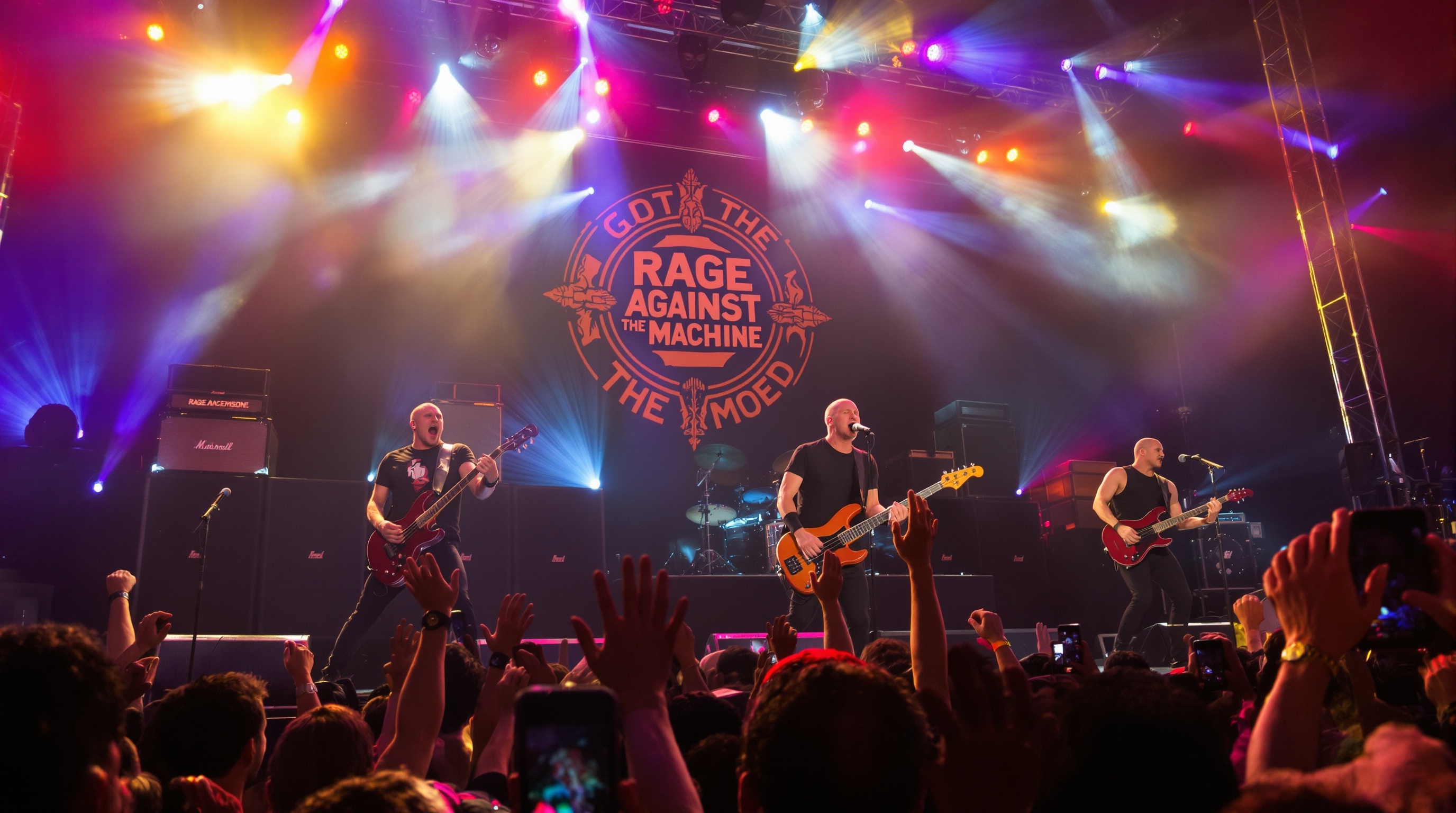 Le groupe Rage Against the Machine sur scène, illustrant l'énergie brute et la présence scénique qui ont marqué leur carrière.