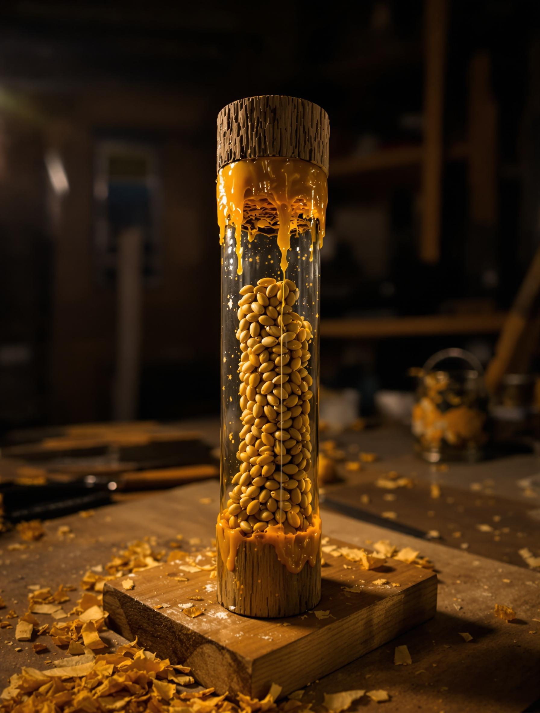 Rainstick africain upcyclé en shaker avec cire dans un atelier au crépuscule