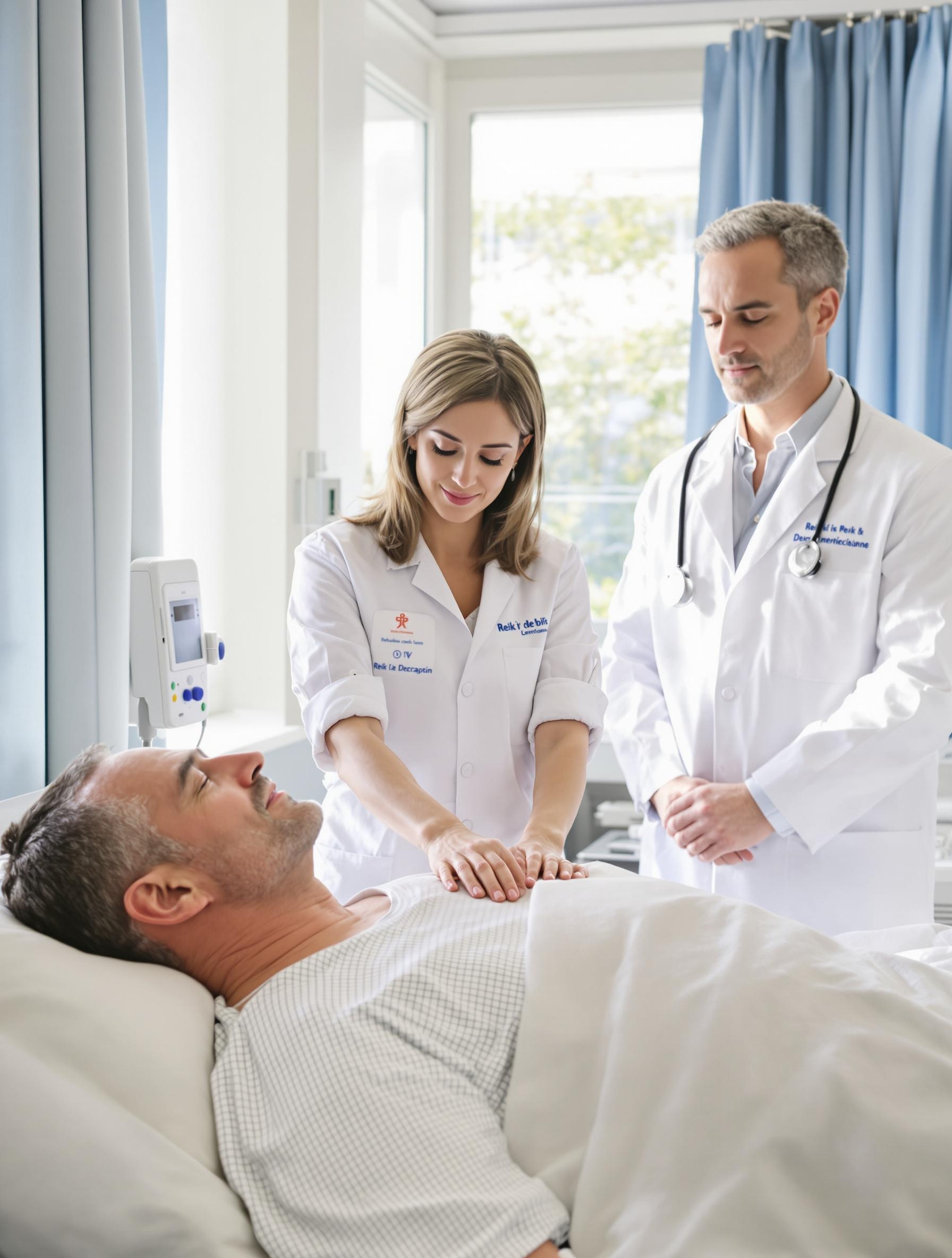 Praticienne Reiki posant les mains sur un patient à l’hôpital français.