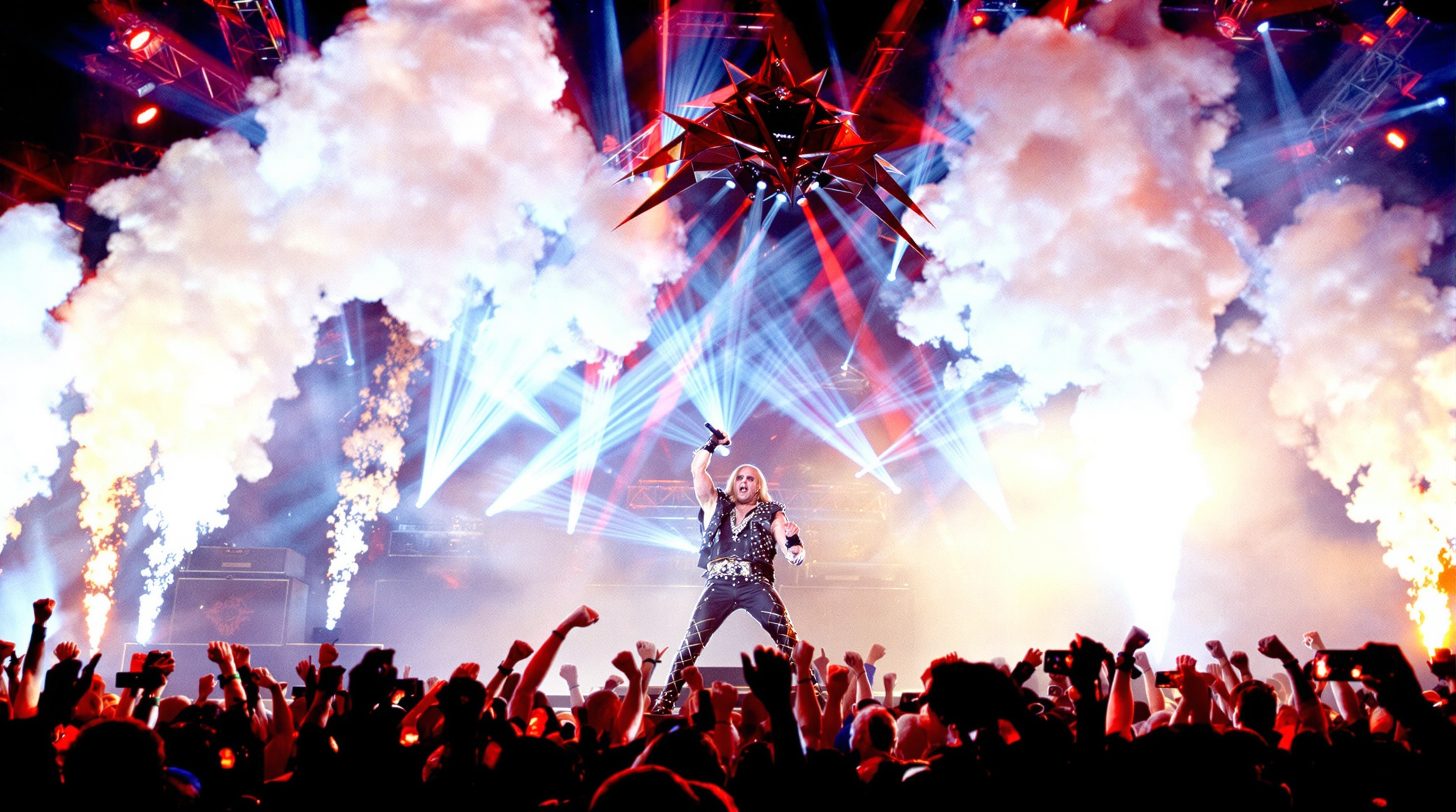 Halford et Judas Priest sur scène pendant le Painkiller Tour, cuir clouté et jets d’ice carbonique