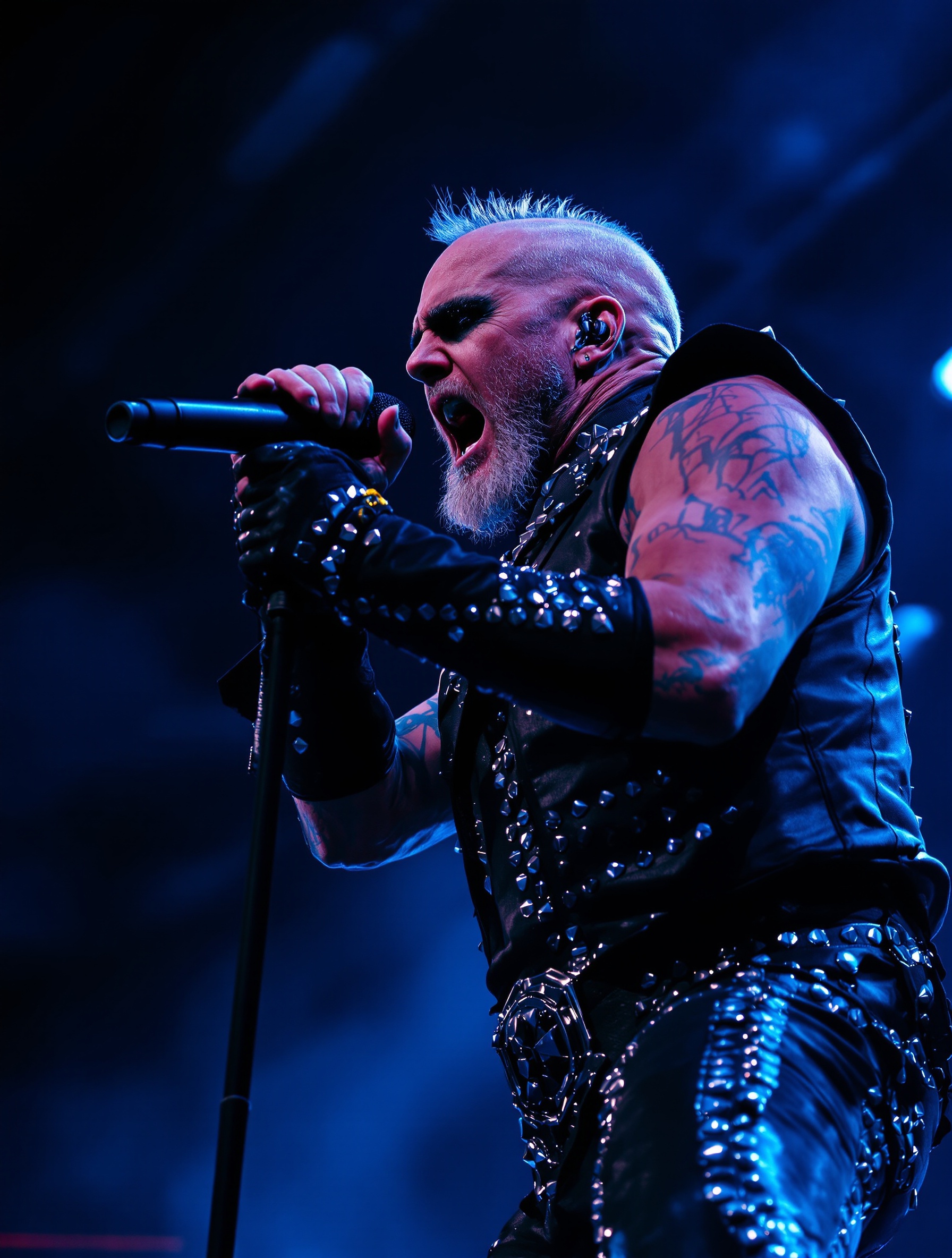 Rob Halford sur scène, cuir clouté et ice carbonique