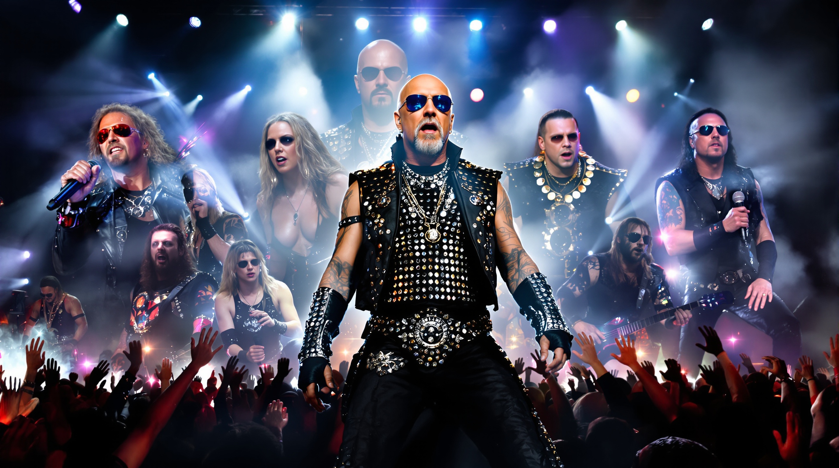 Rob Halford entouré d'icônes metal, symbolisant son héritage transgénérationnel.