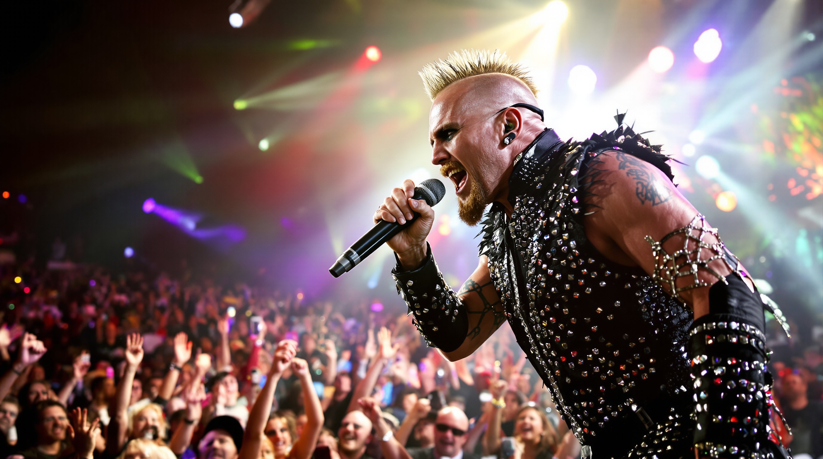 Rob Halford sur scène en 2025, micro à la main, cuir clouté éclatant sous les projecteurs, attitude déterminée, foule enthousiaste en arrière-plan.