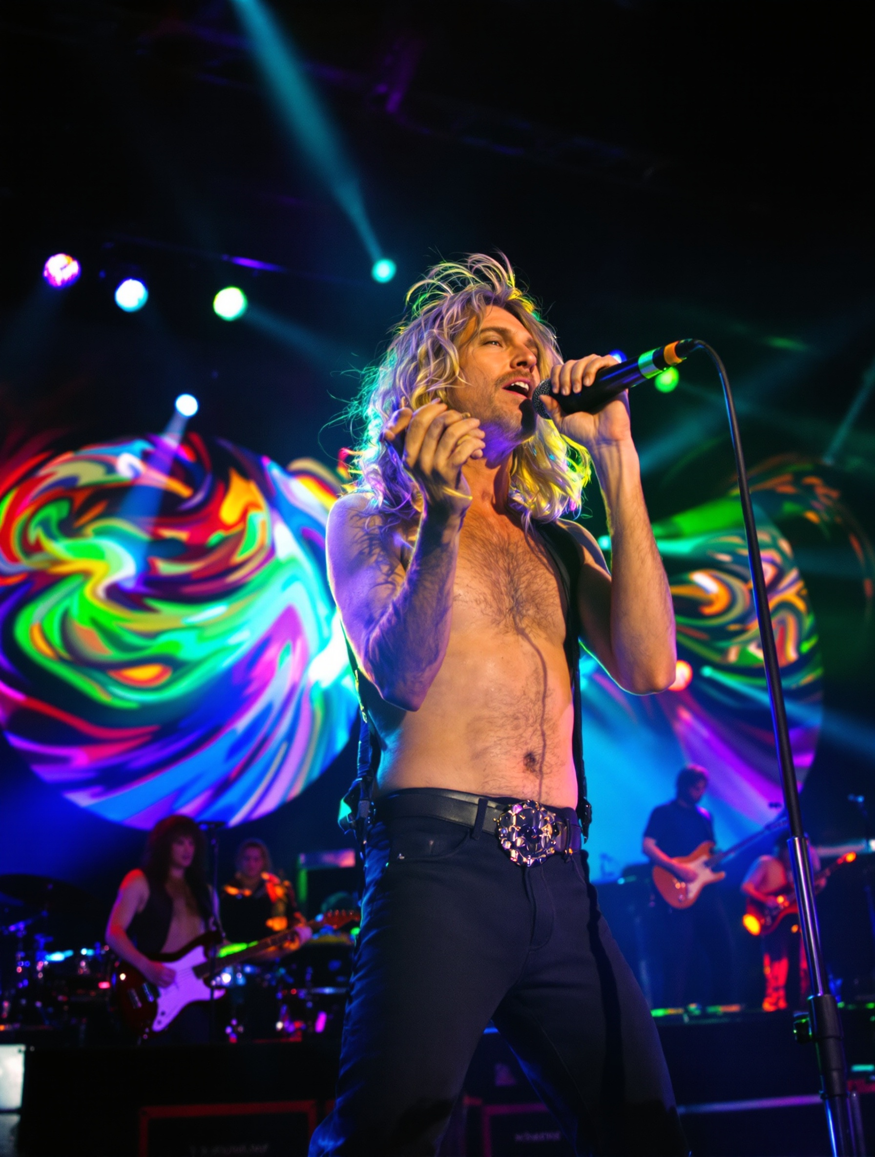 Portrait vibrant de Robert Plant sur scène dans les années 70 avec Led Zeppelin
