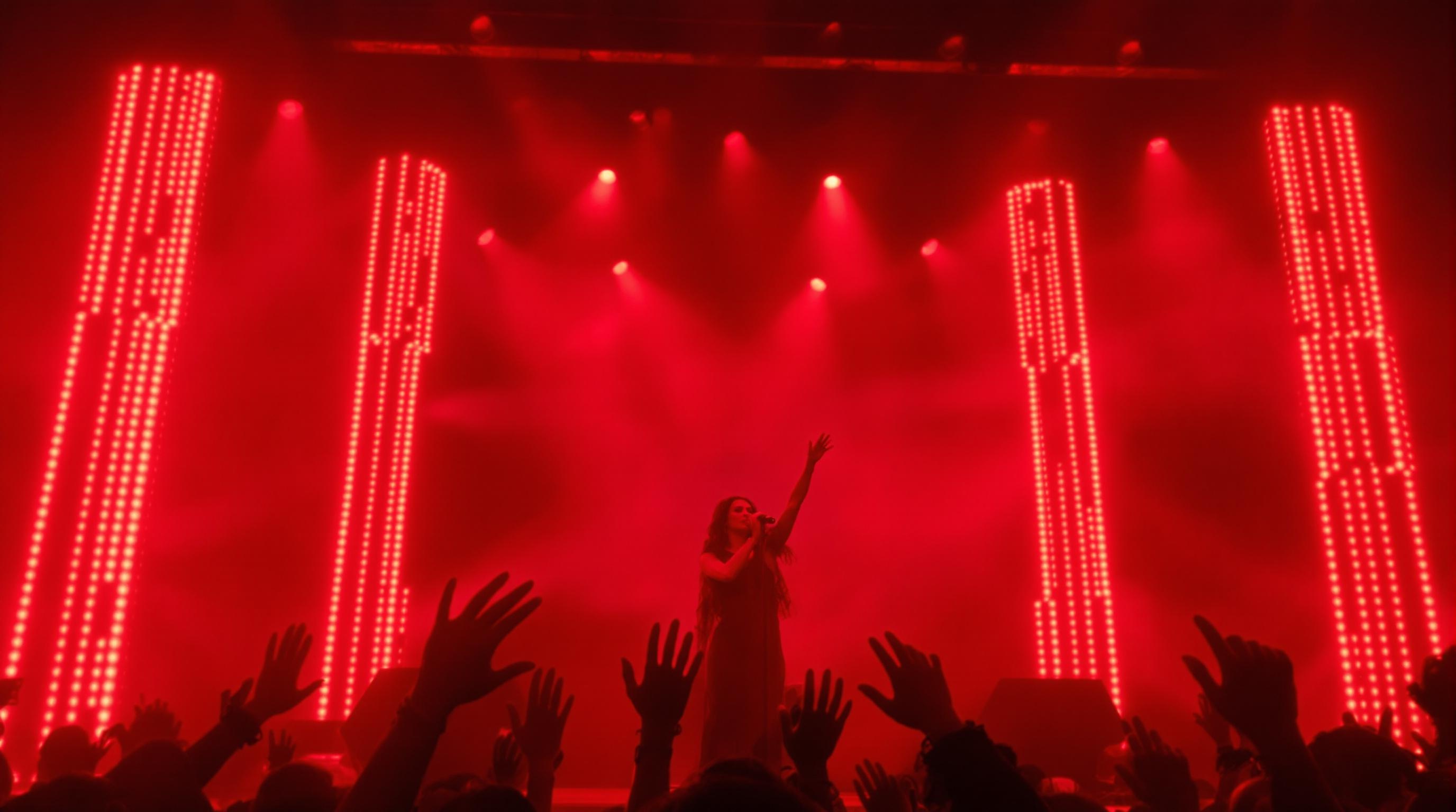 Rosalía en concert avec des palmas enflammées et des néons rouge carmin autour du micro