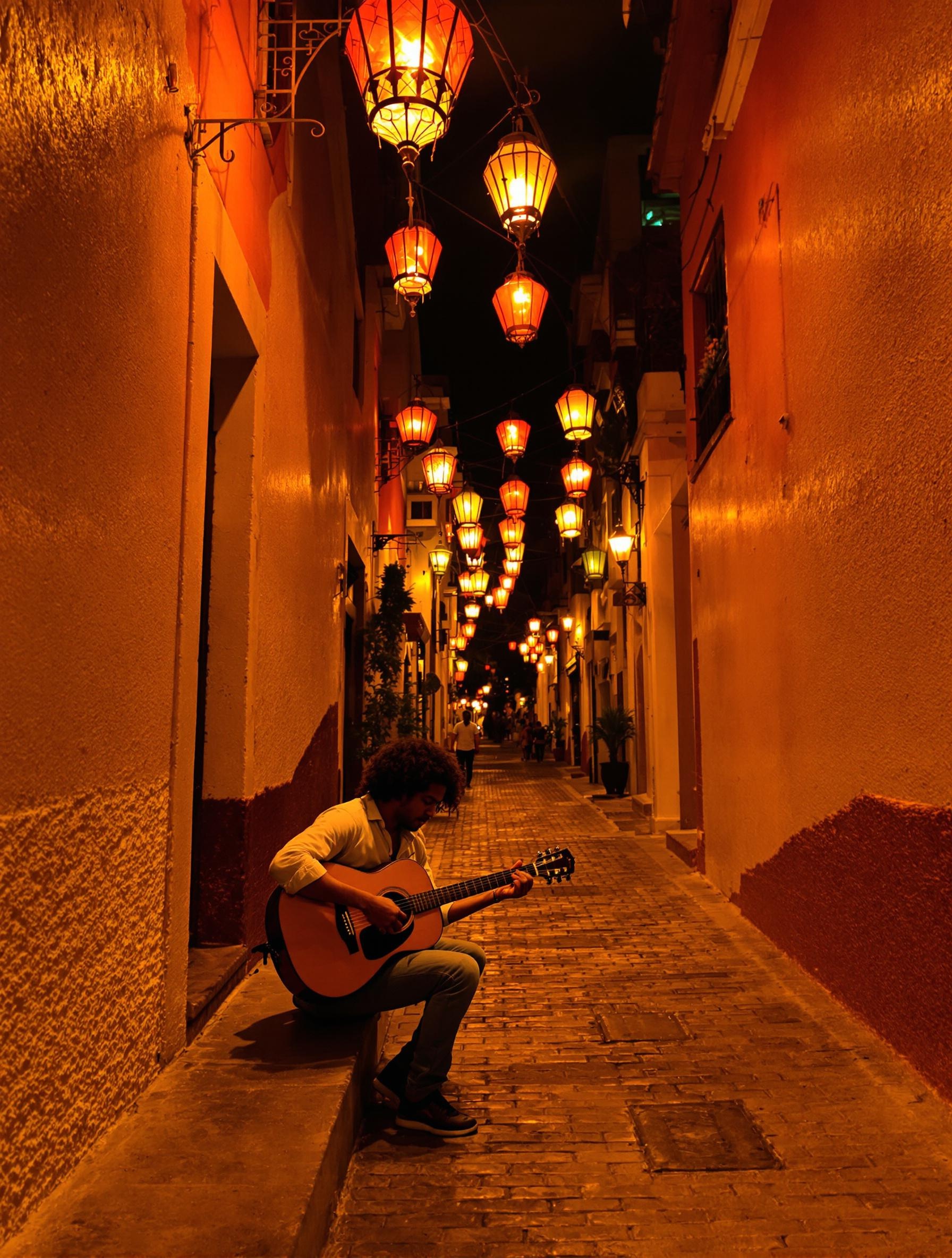 Ruelle Bahia nuit guitare ambiance chaude réverbération