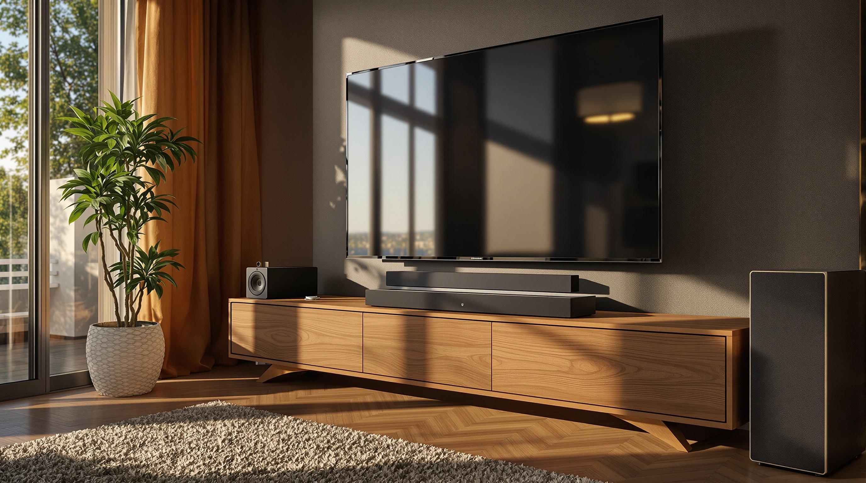 Barre de son sur meuble TV en bois massif avec subwoofer