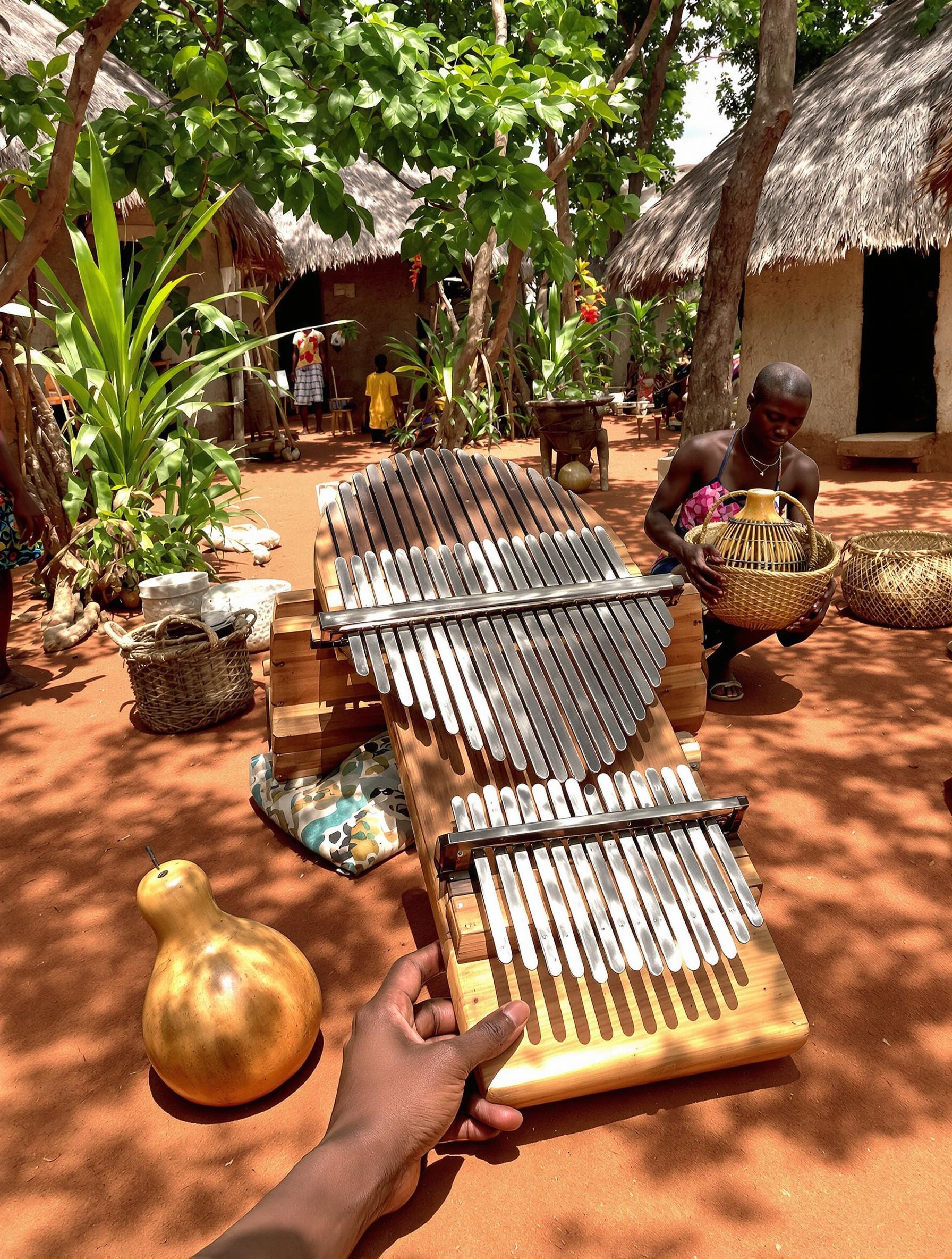 Balafon sur calebasses, sanza et calebasse chantante dans un village africain