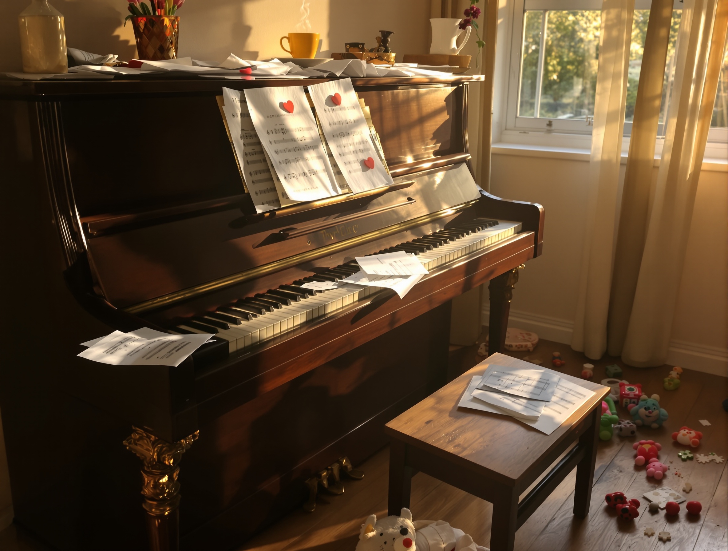 Piano droit près d'une fenêtre, lumière du soir et partitions