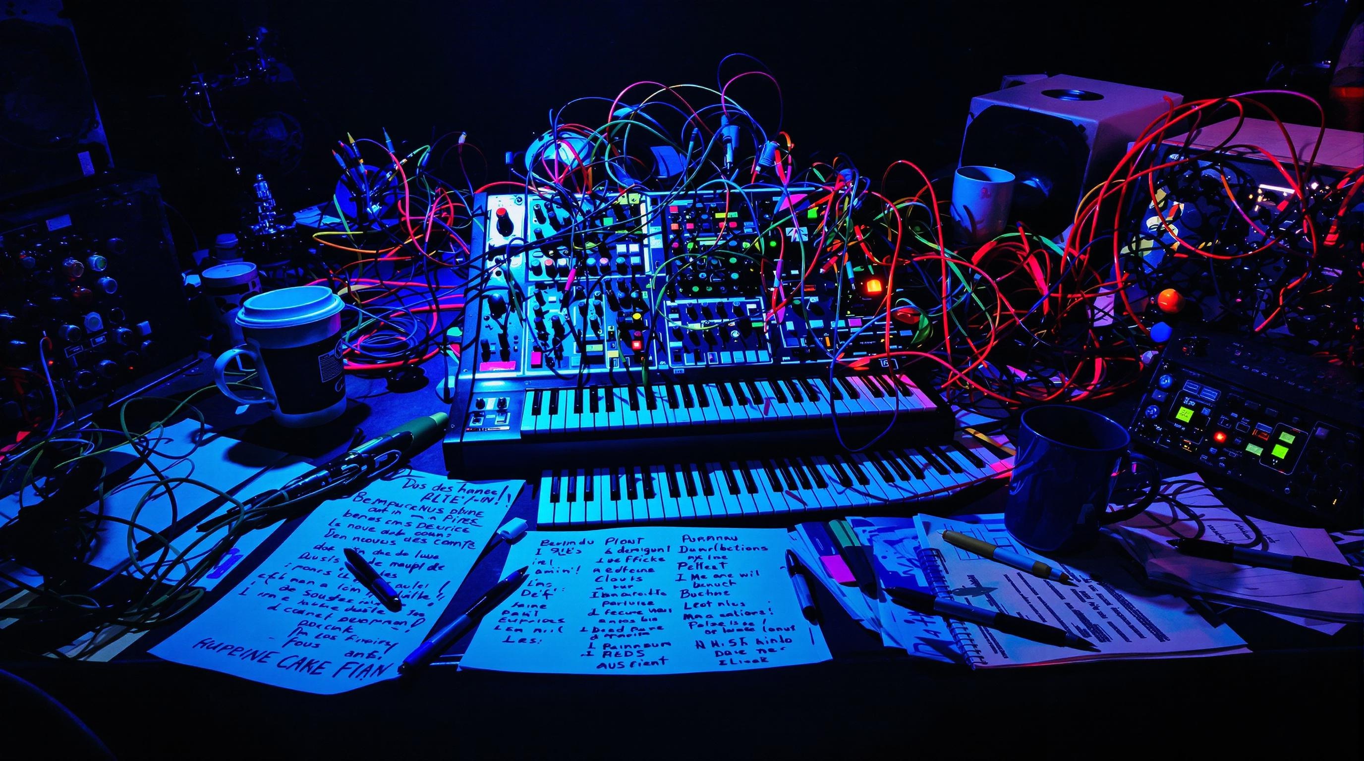 Studio avec synthétiseur modulaire, berimbau et partitions annotées dans une lumière nocturne excentrique.