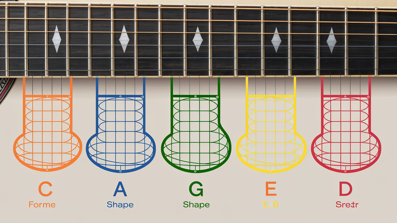 Schéma des cinq formes CAGED de Bm sur un manche de guitare avec repères visuels.