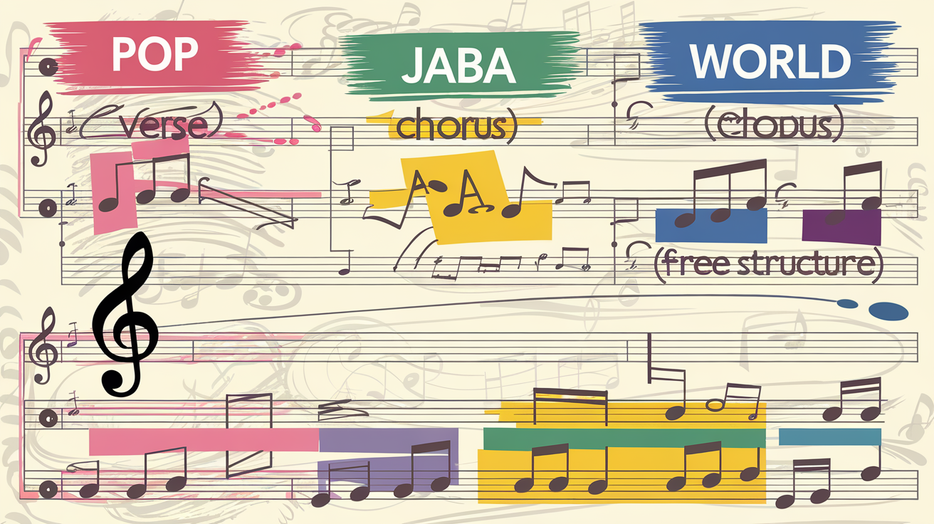 Schéma comparatif des structures musicales pop, jazz et world avec exemples de progressions d’accords.