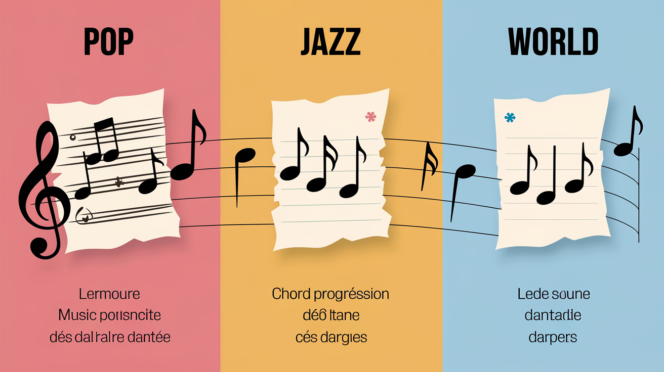 Schéma pédagogique des structures musicales pop, jazz et world avec progressions d’accords.