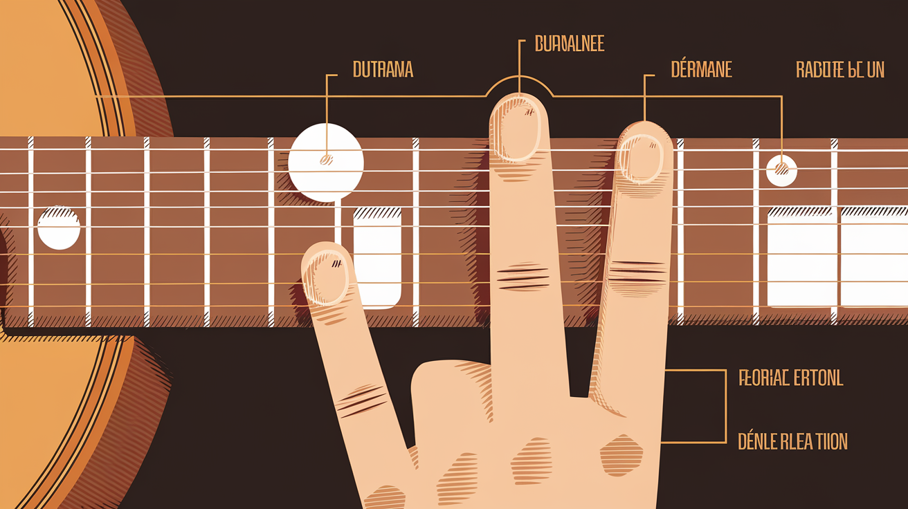 Schéma de doigtés pour une gamme orientale, positions sur les cordes de Ré et Sol, vue du manche de guitare