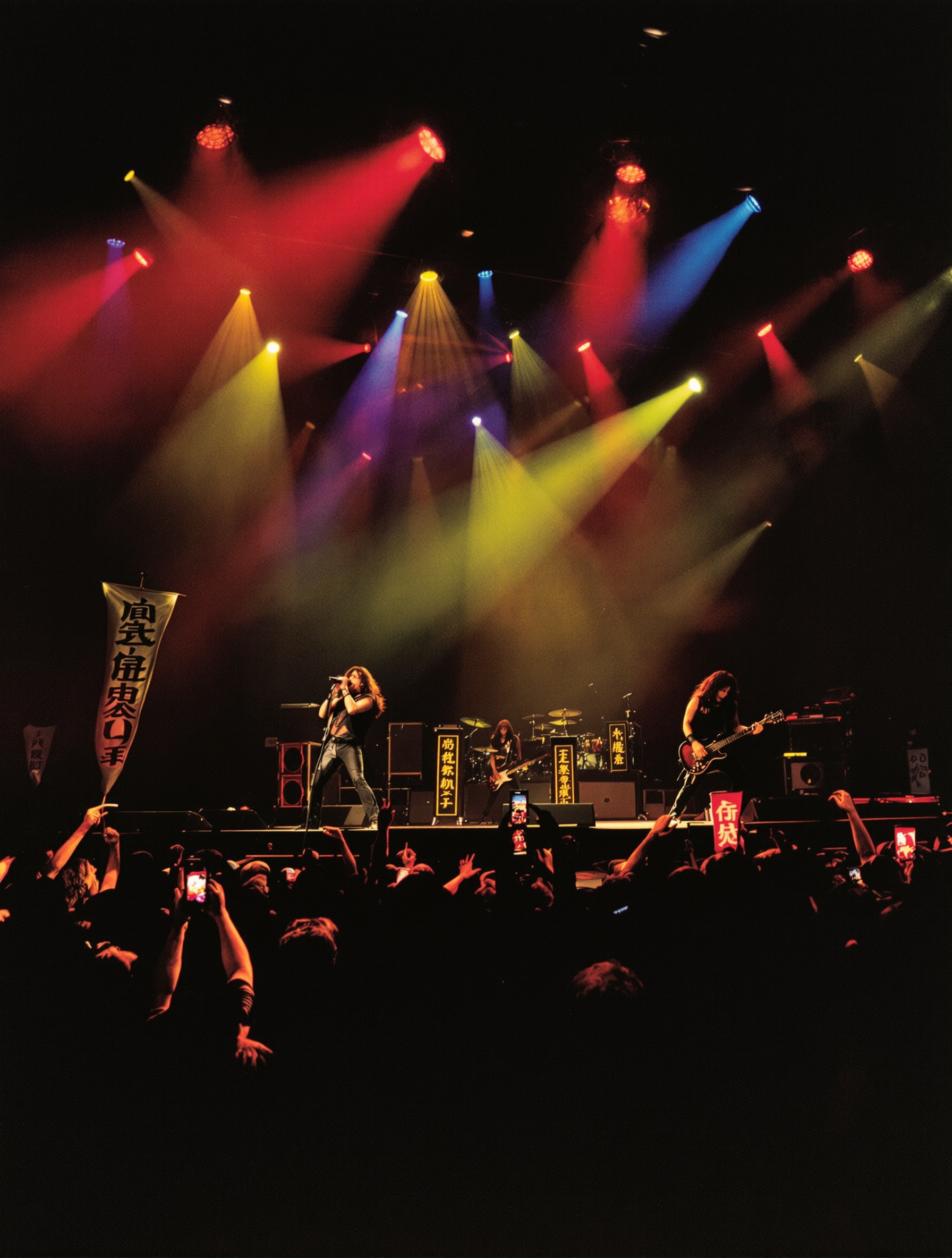 Scène du légendaire concert des Scorpions au Budokan capturant l'intensité et la connexion avec le public, représentatif de leur énergie scénique.