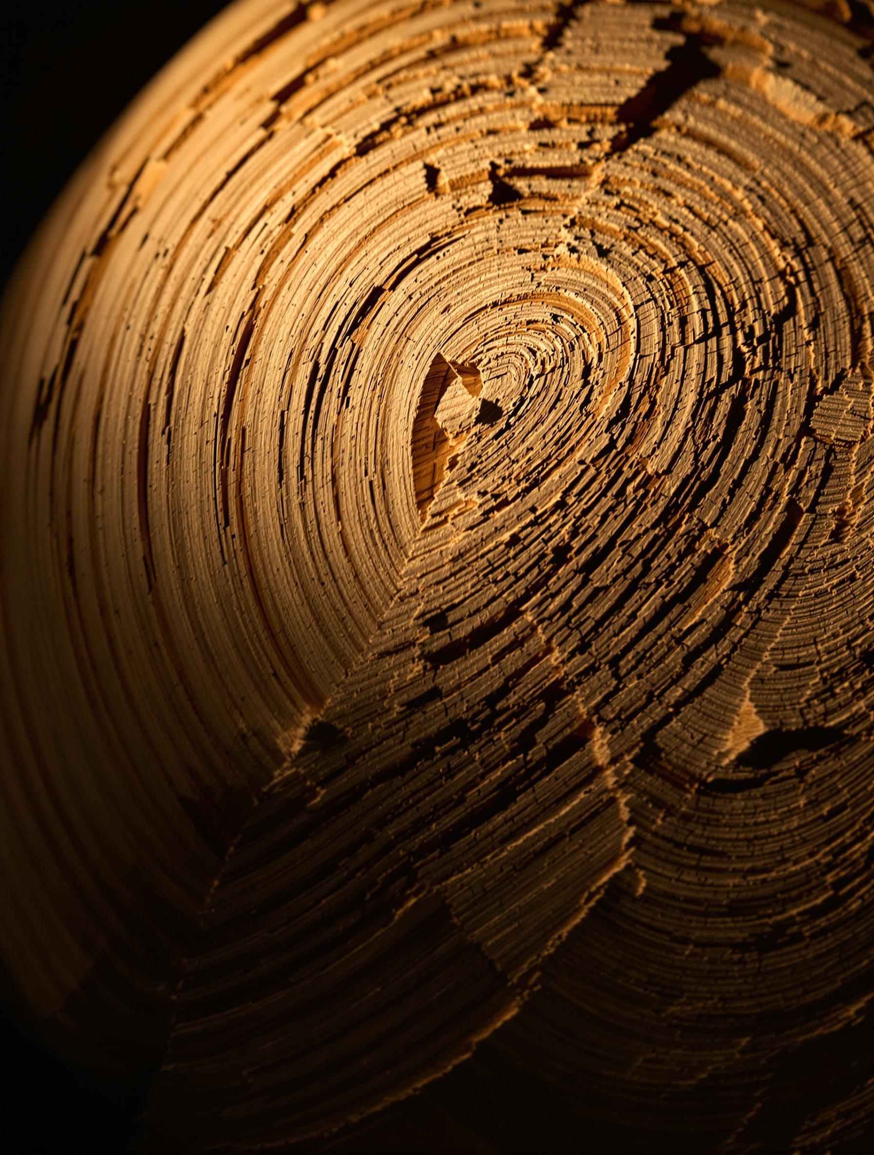 Grosse caisse en bois massif avec une coupe montrant la densité et la texture naturelle