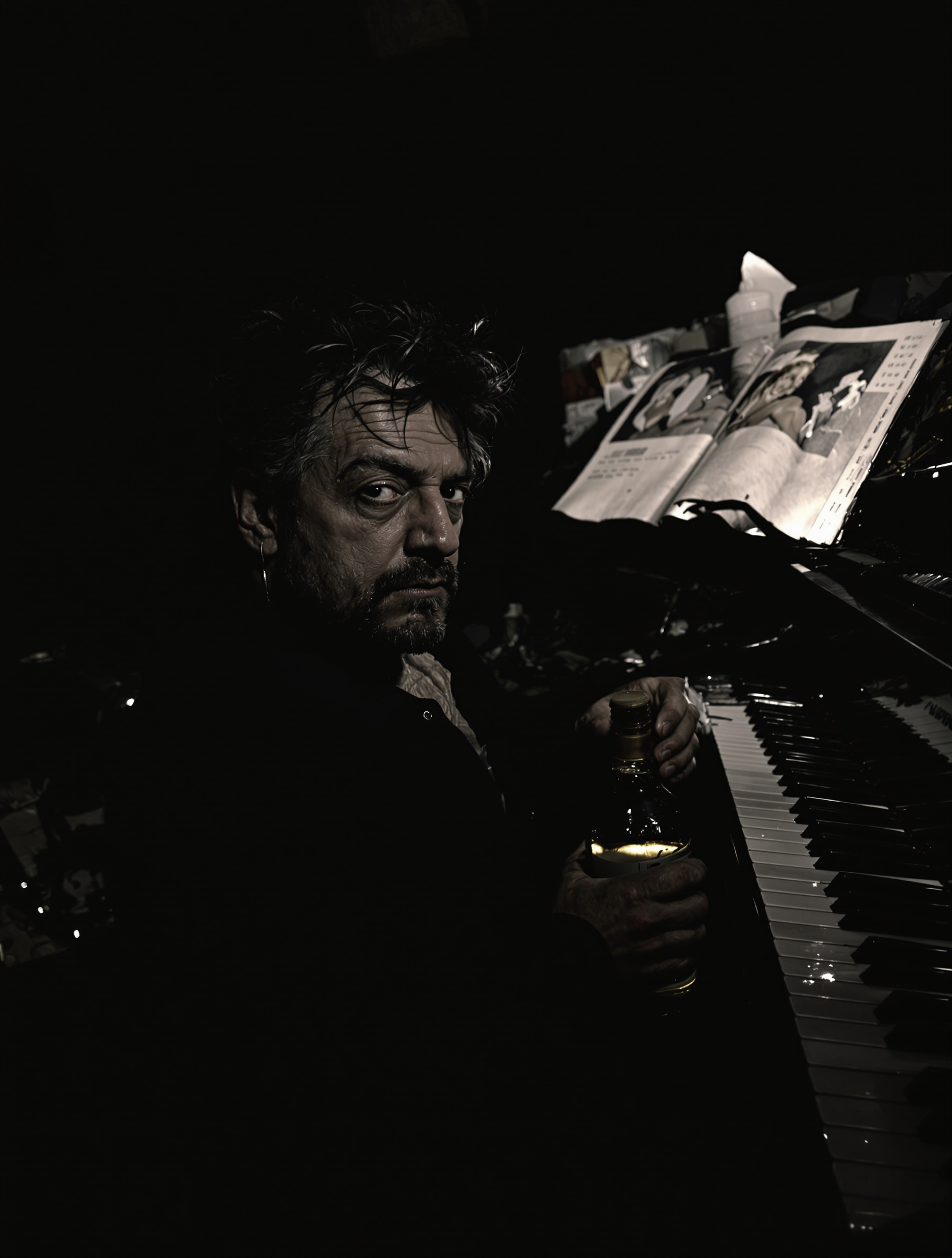 Serge Gainsbourg dans une ambiance sombre au piano renversé, symbolisant la dégradation du couple sous l’emprise de l’alcool.