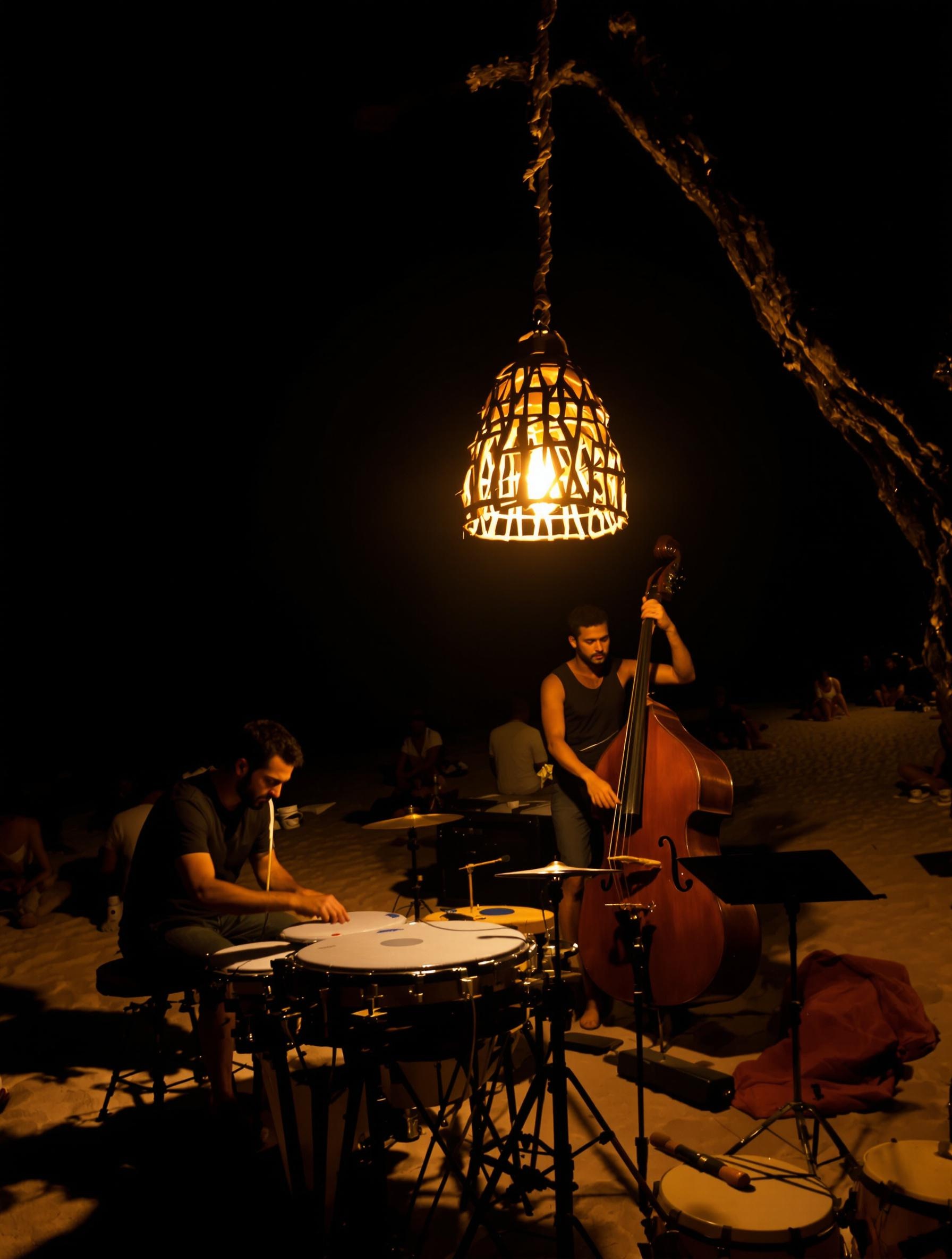 Session cajón et contrebasse sous plafonnier en bois brut sur une plage nocturne.