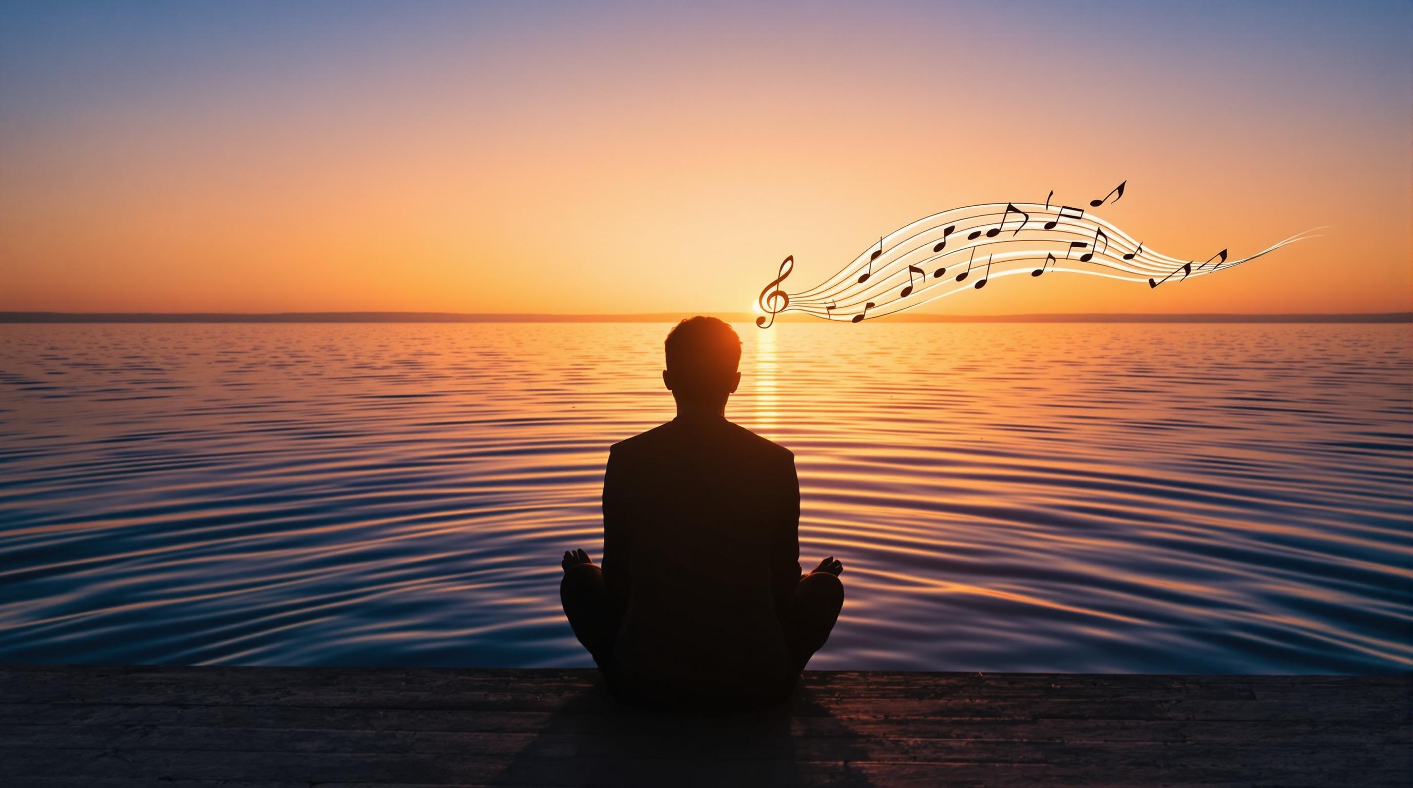 Silhouette méditative devant un lac crépusculaire, les ondes se transformant en portées musicales.