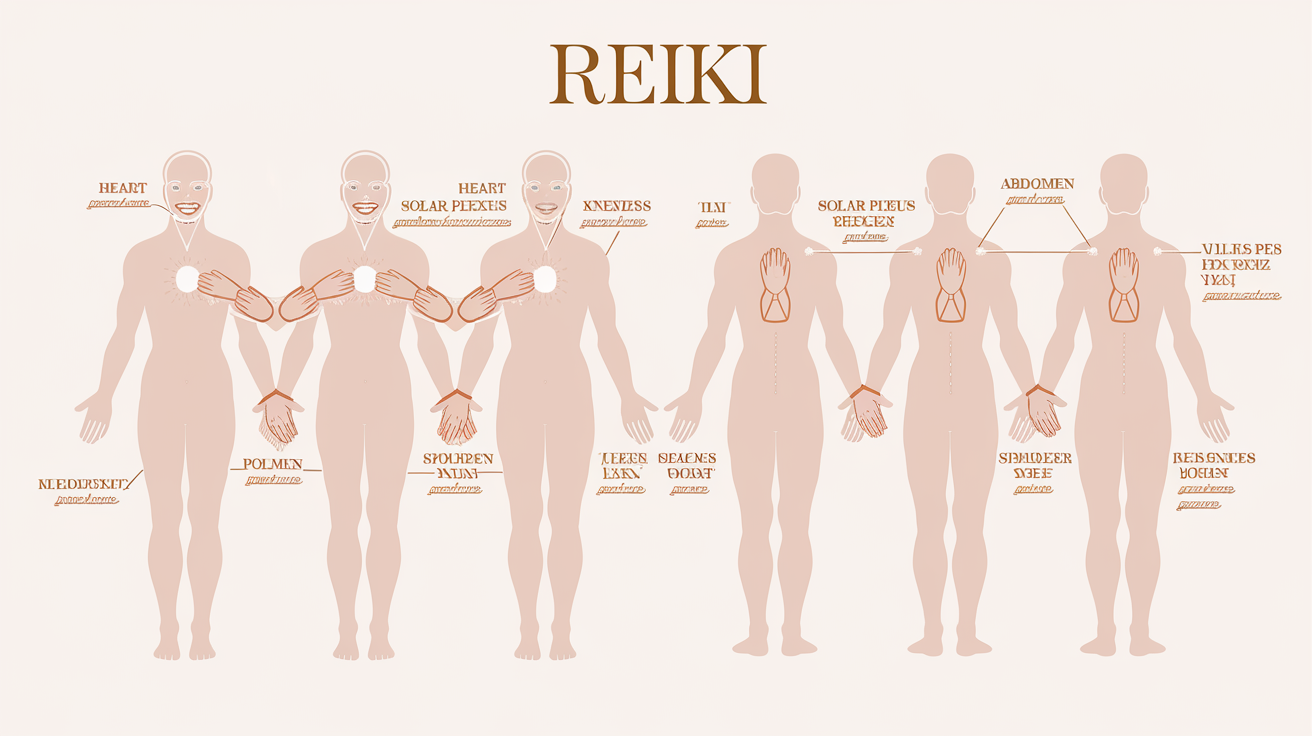 Schéma pédagogique des 12 positions de mains Reiki (face et dos).