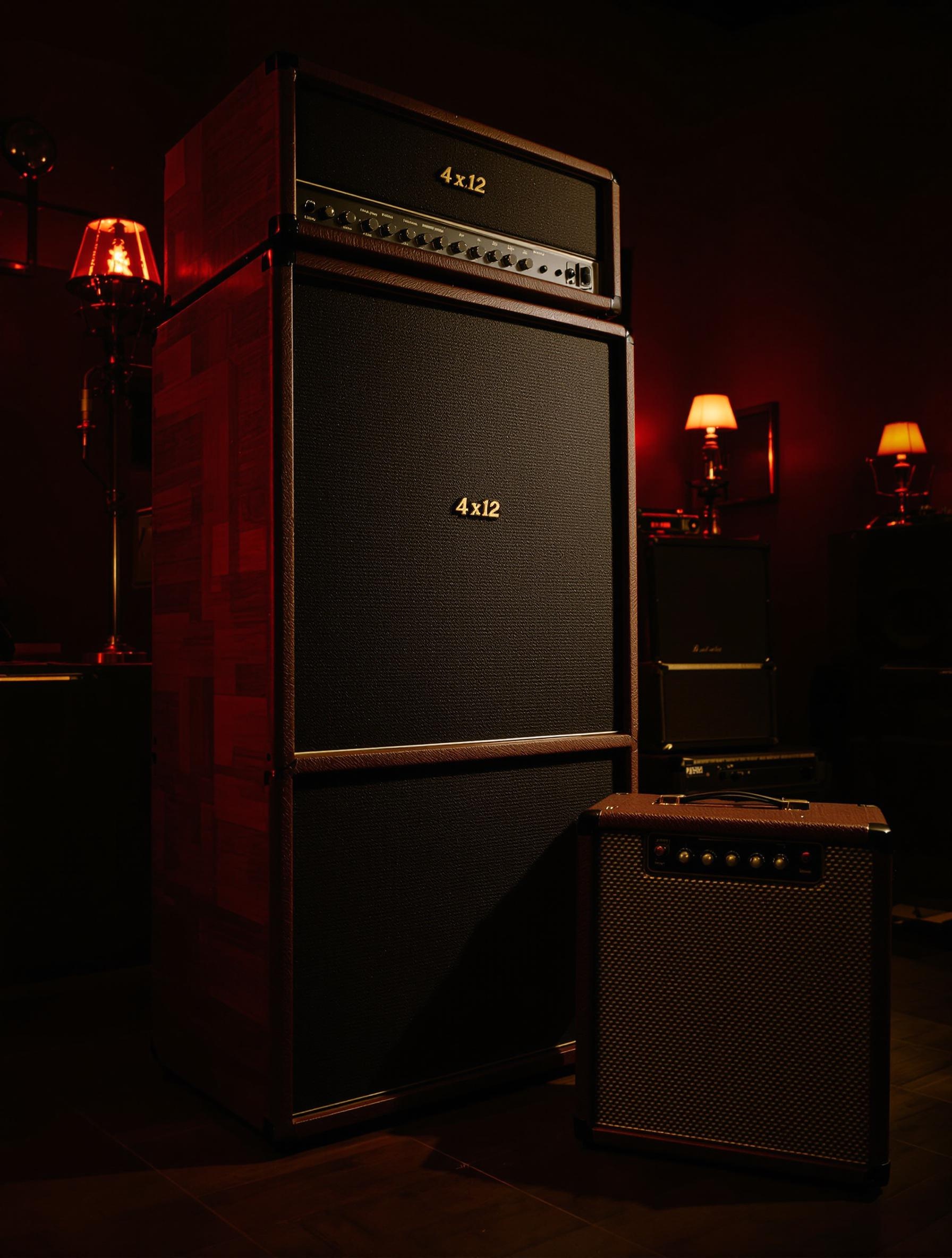 Comparaison entre un stack 4x12 et un combo 1x12 en bois avec lampes, ambiance vintage