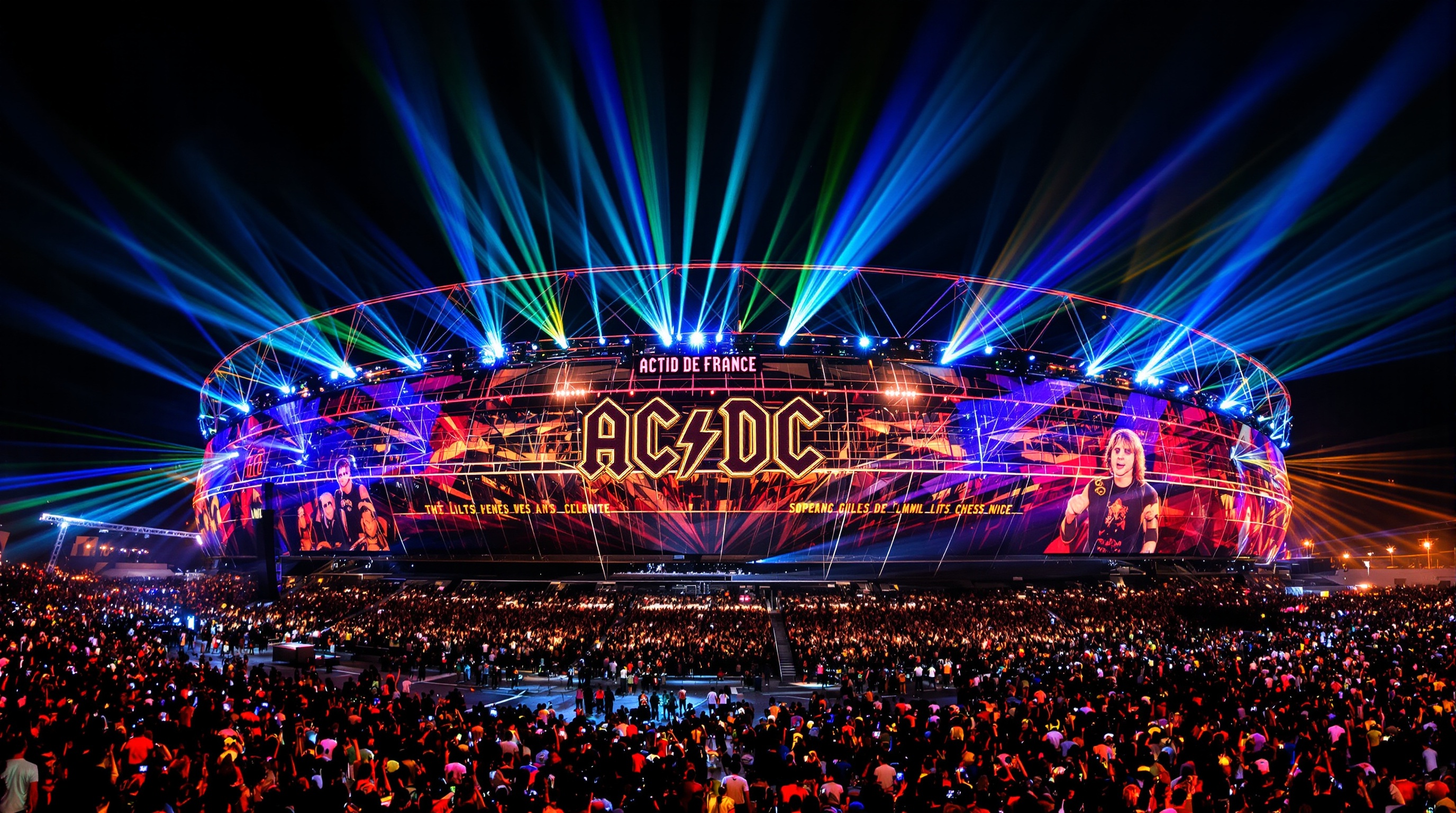 Stade de France illuminé lors du concert AC/DC avec foule enthousiaste et faisceaux lumineux.