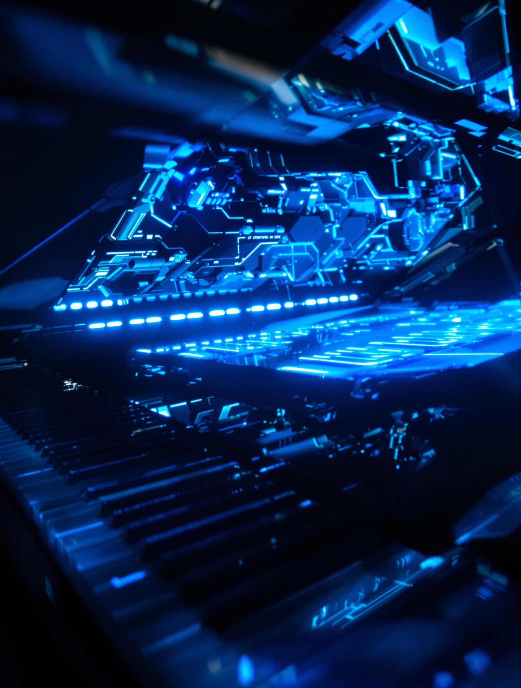 Clavier high-tech du Steinway SPIRIO éclairé bleu.